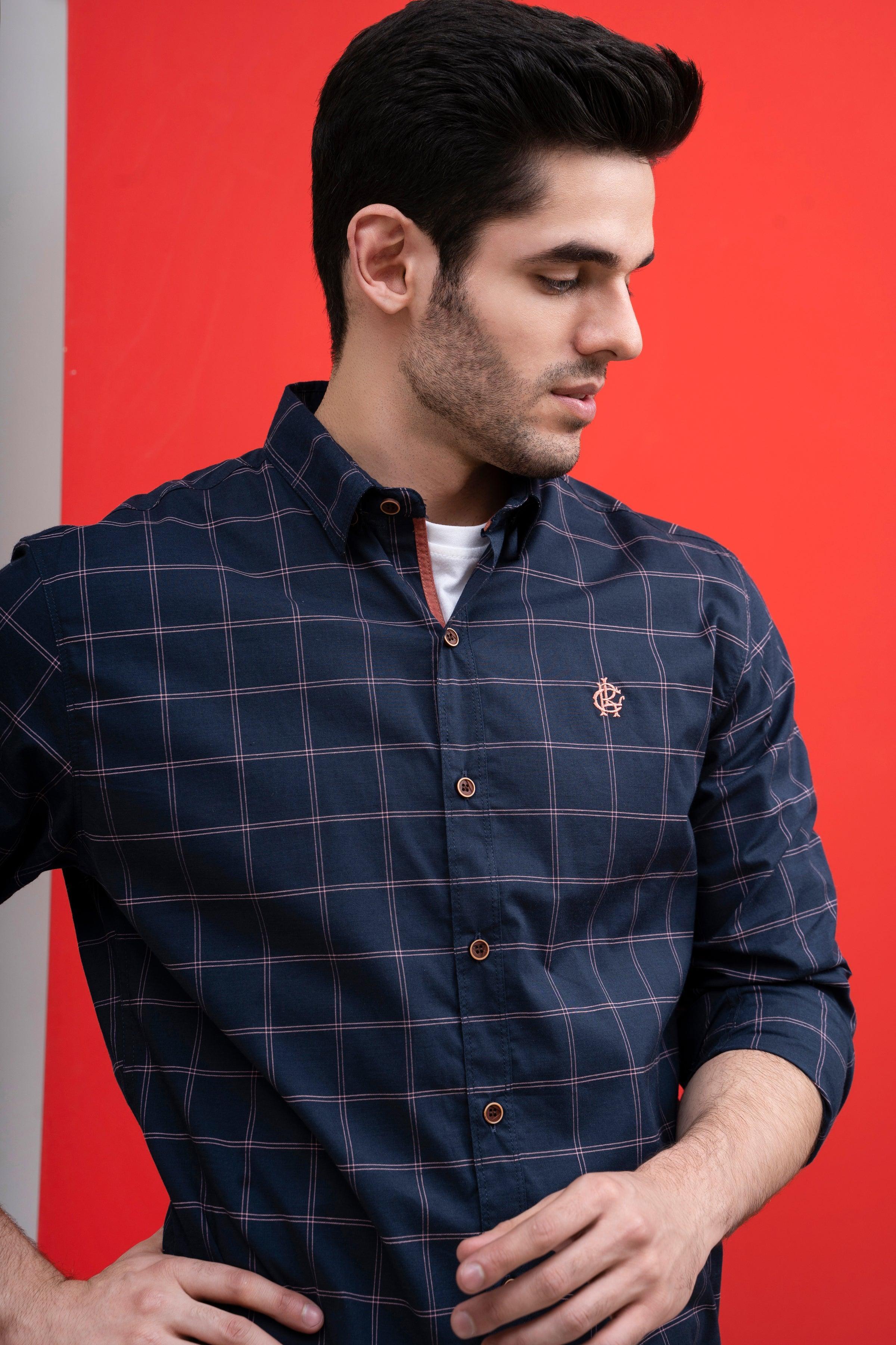 Navy check casual button-up shirt, long sleeves, buttoned placket, chest logo