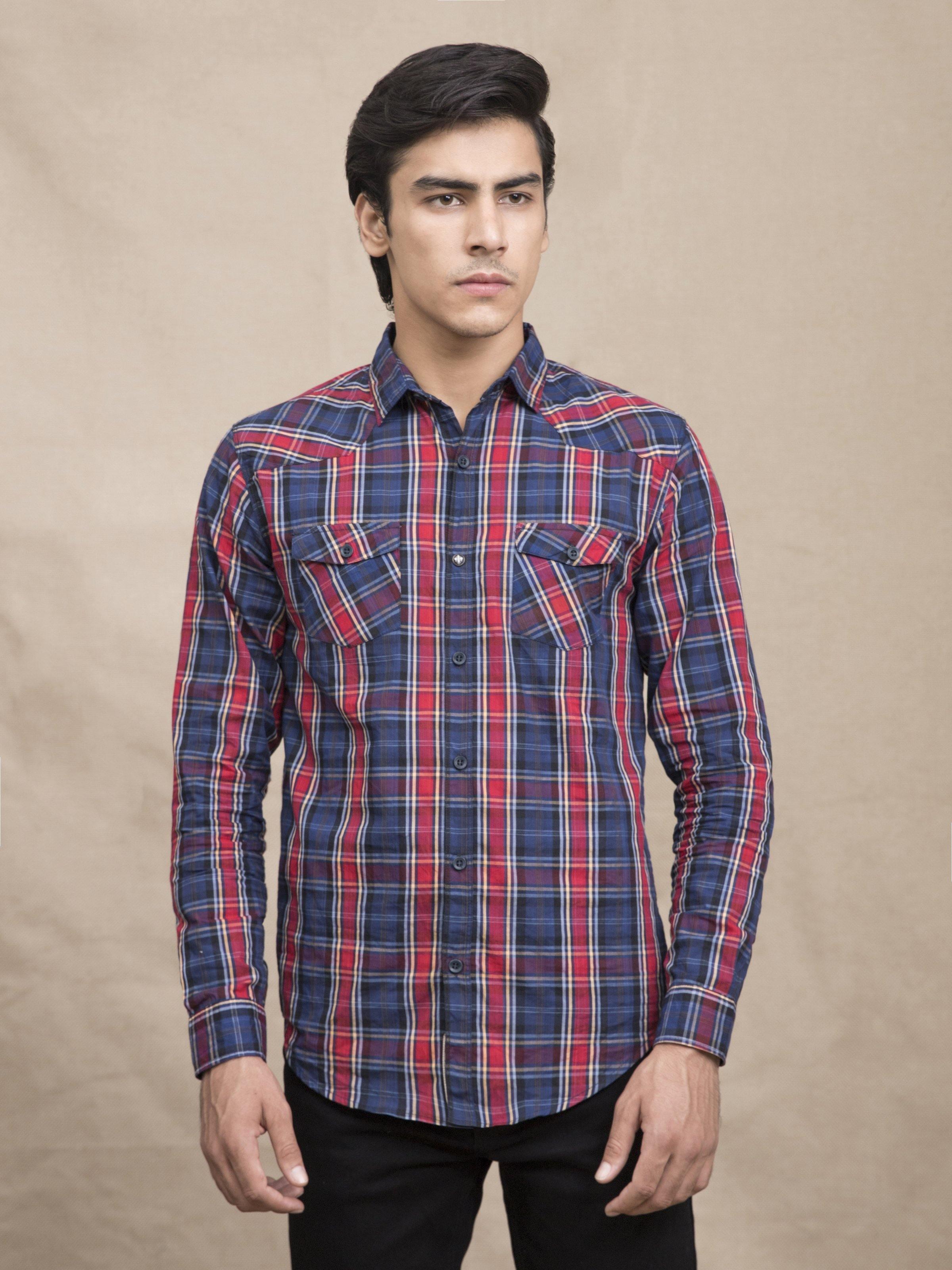 Navy plaid button-up casual shirt with long sleeves and chest patch pockets
