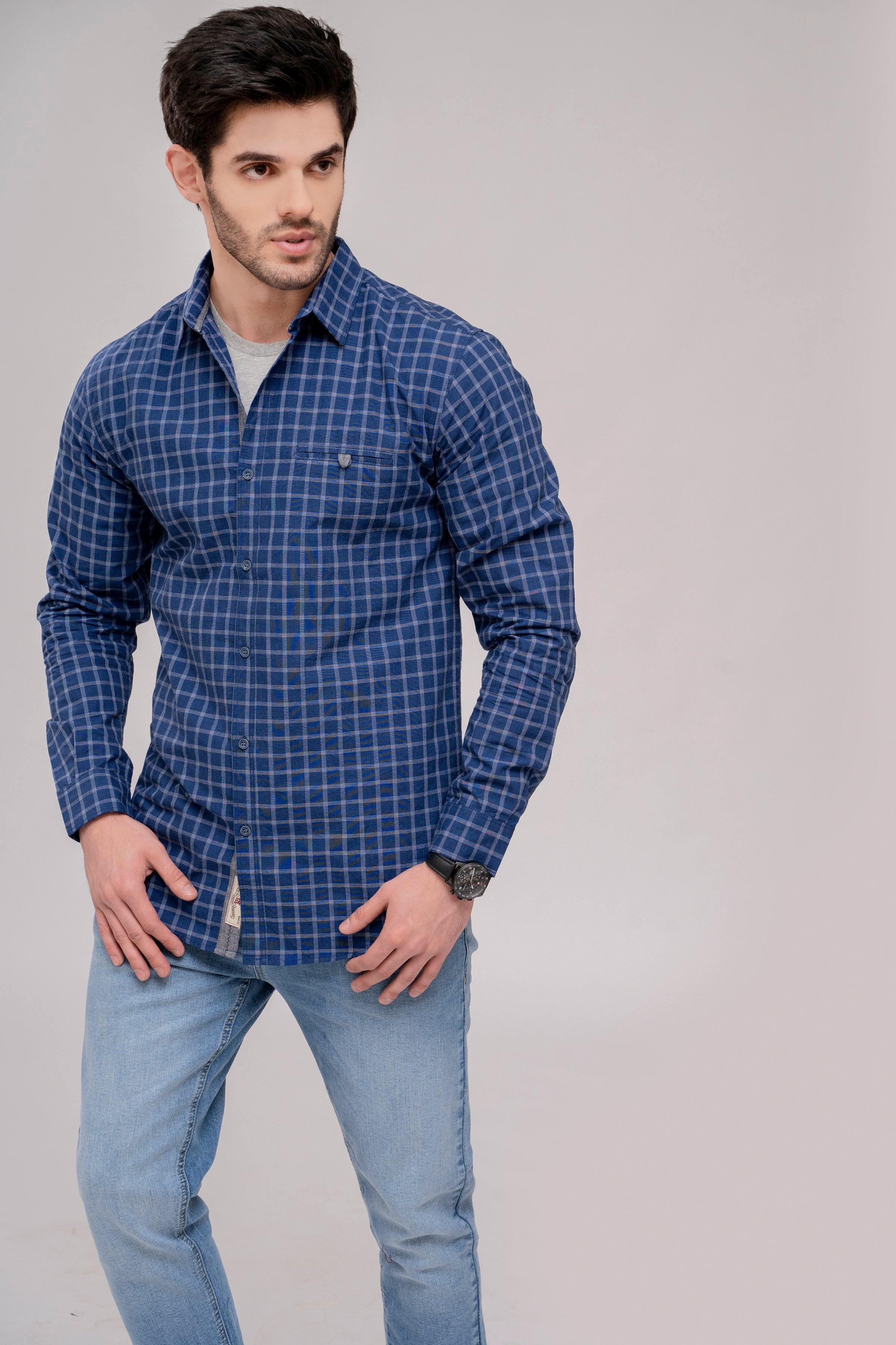 Men's casual check shirt in navy blue with button-down collar and long sleeves