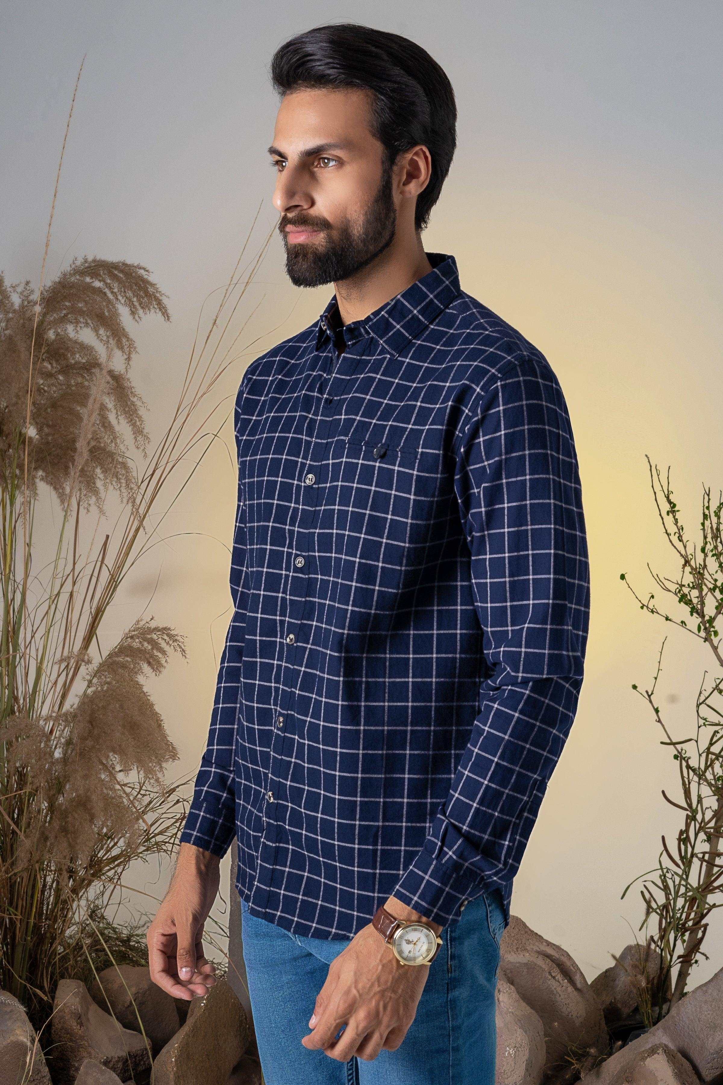 CASUAL SHIRT NAVY CHECK at Charcoal Clothing