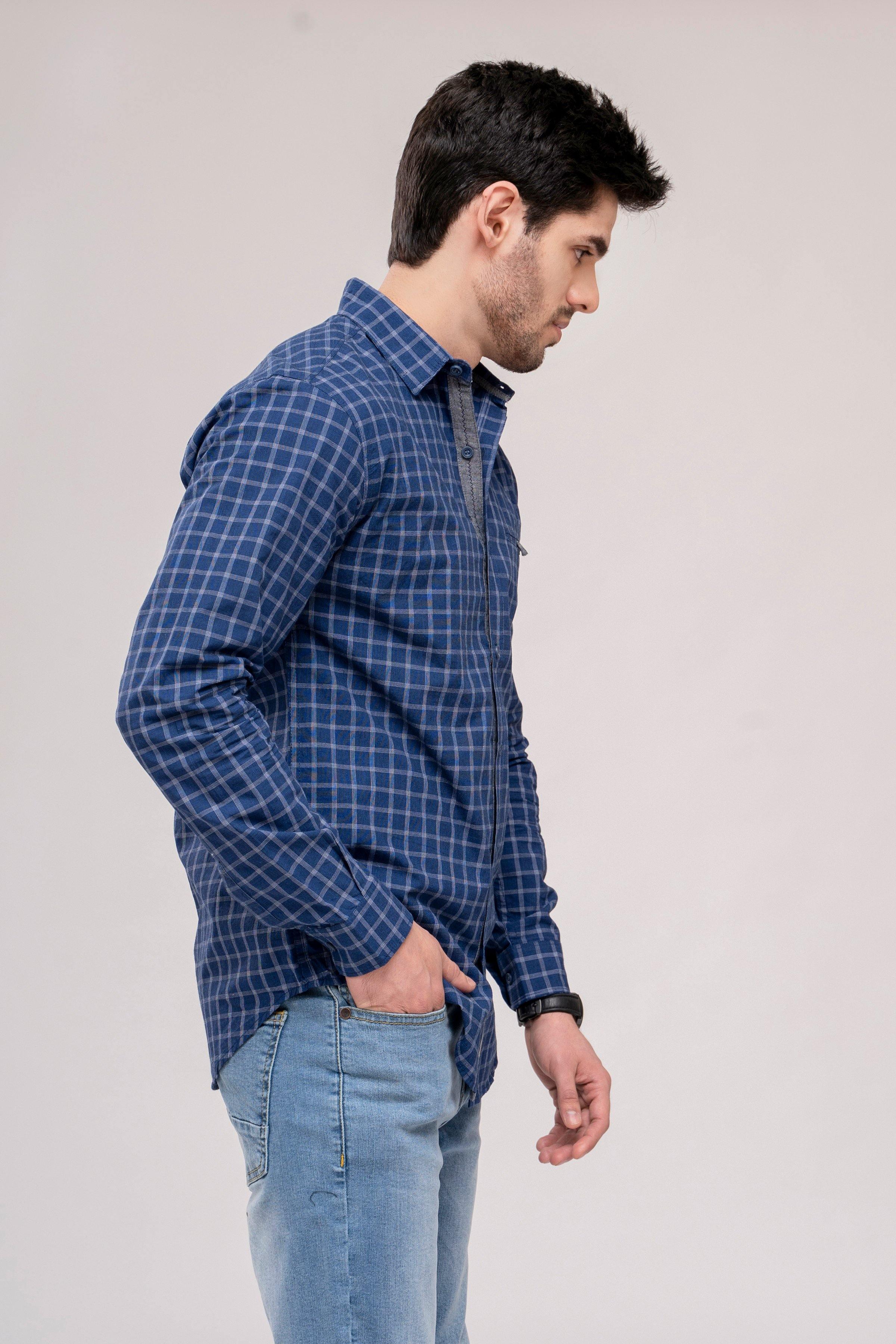 Men's navy check button-down shirt, side profile, long sleeves
