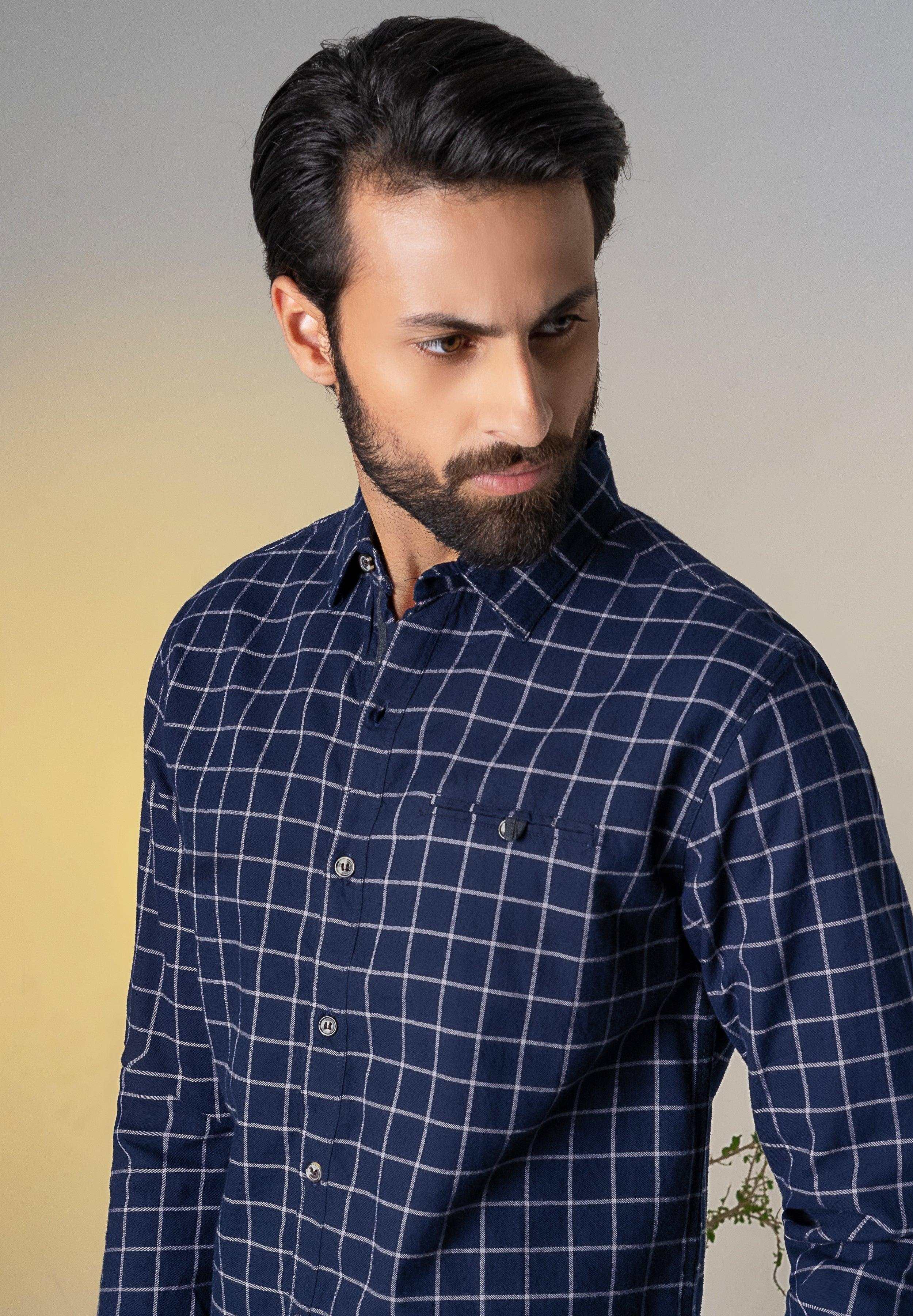 Men's navy check casual shirt, close-up of collar and buttons