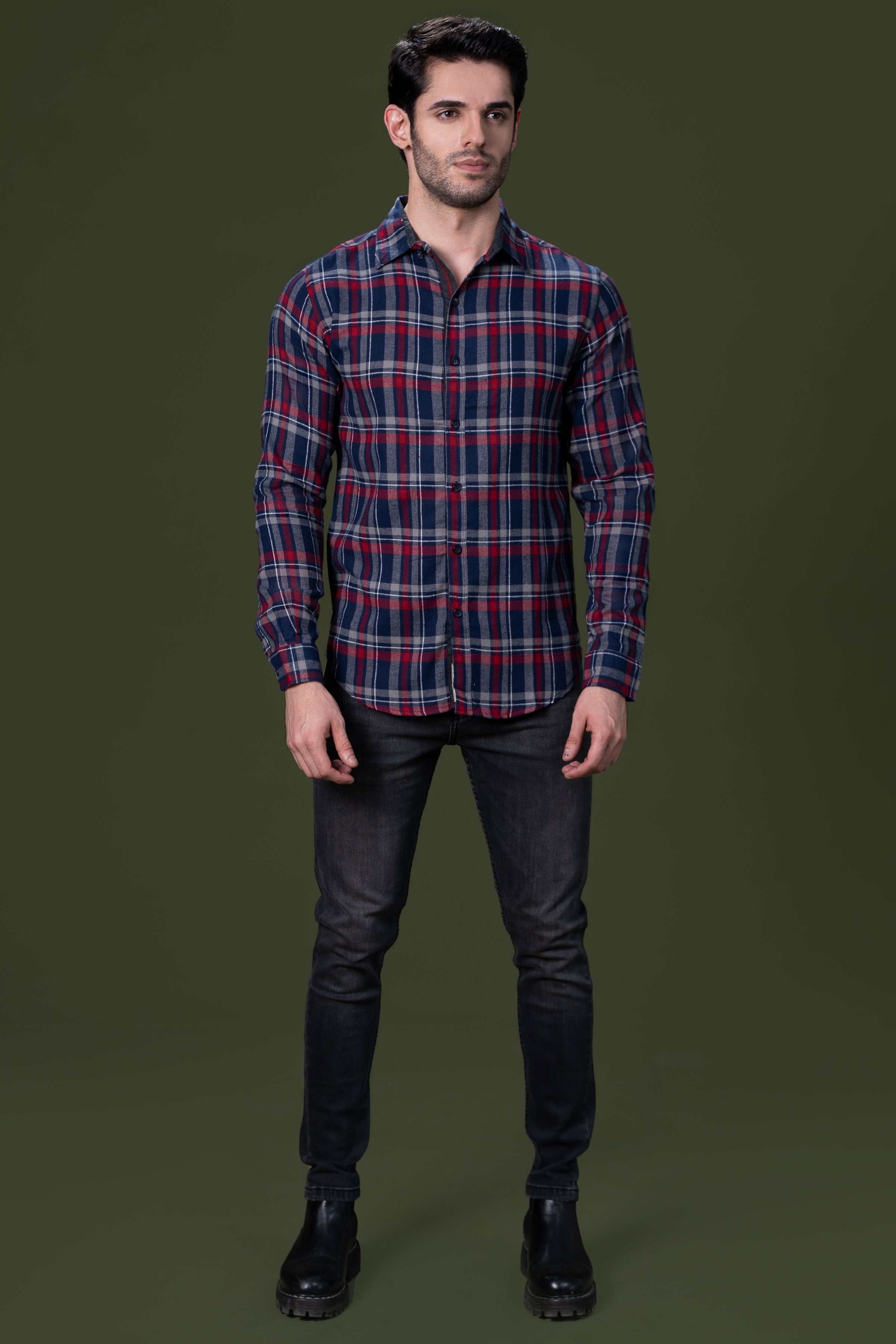 CASUAL SHIRT NAVY GREY CHECK at Charcoal Clothing
