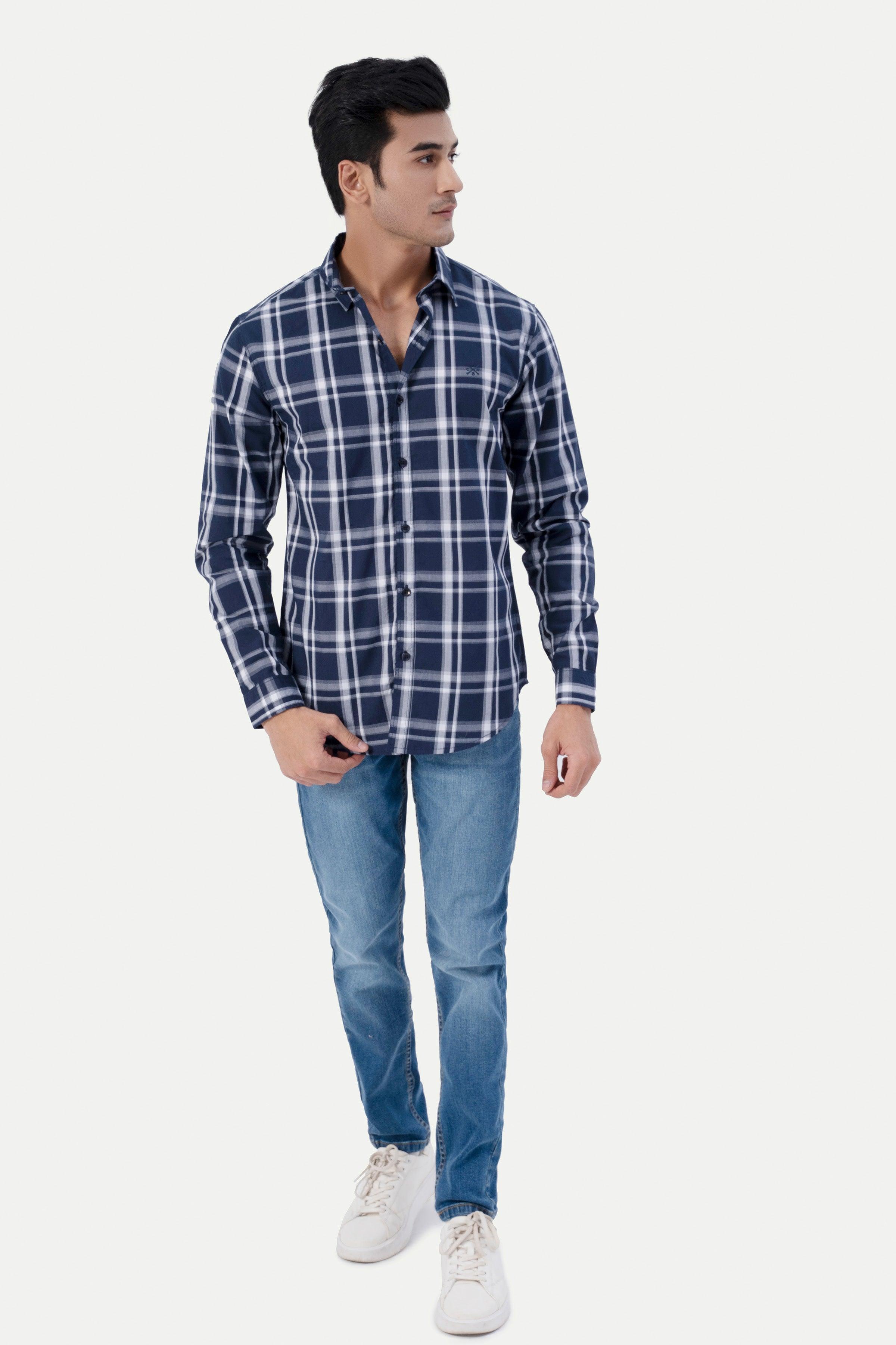 CASUAL SHIRT NAVY GREY CHECK at Charcoal Clothing