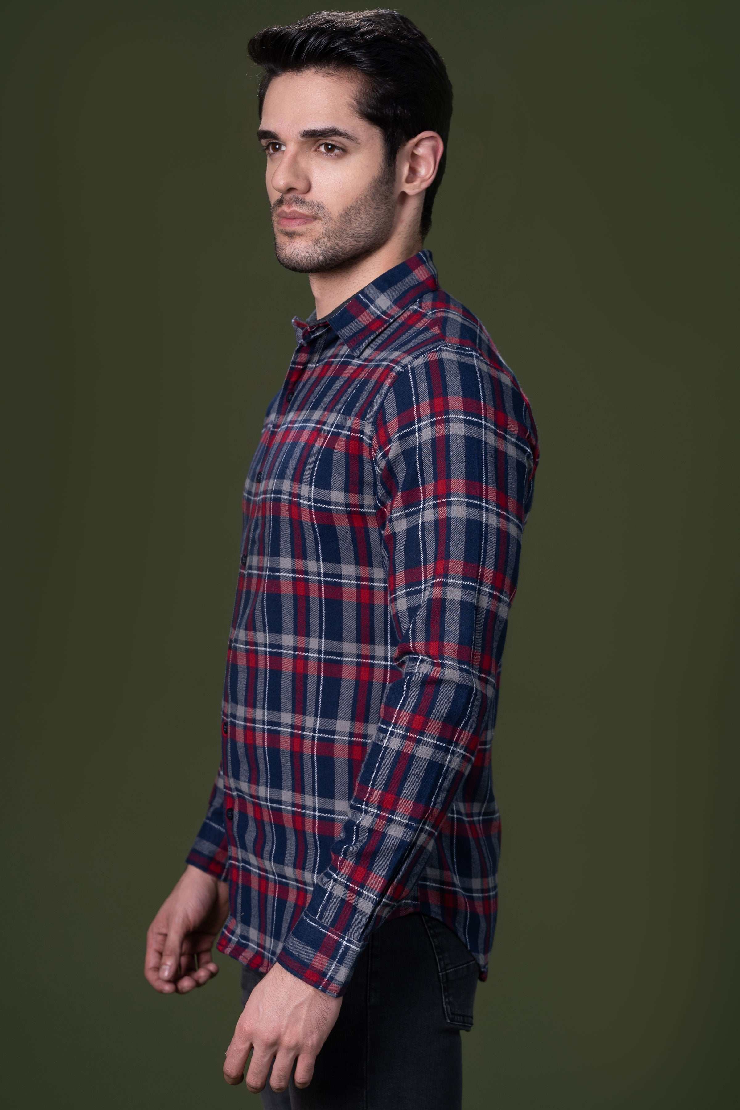 CASUAL SHIRT NAVY GREY CHECK at Charcoal Clothing