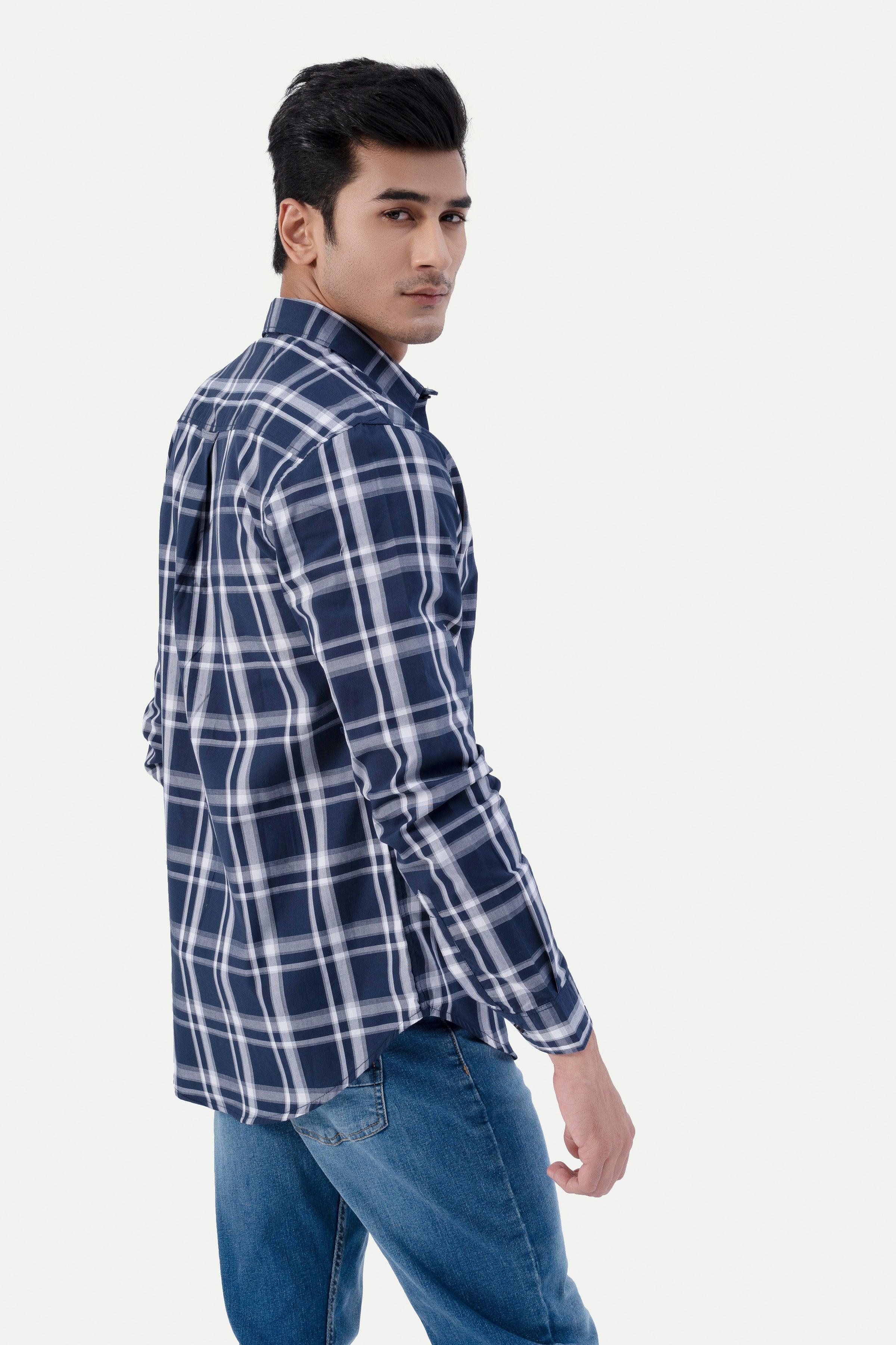 CASUAL SHIRT NAVY GREY CHECK at Charcoal Clothing