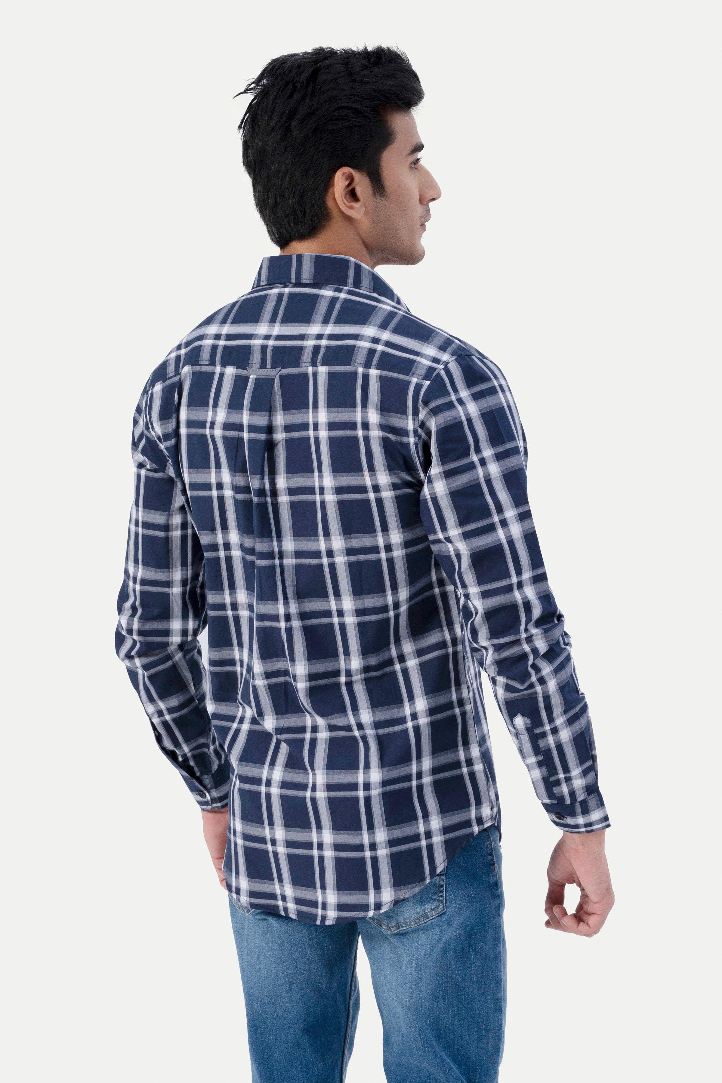 CASUAL SHIRT NAVY GREY CHECK at Charcoal Clothing