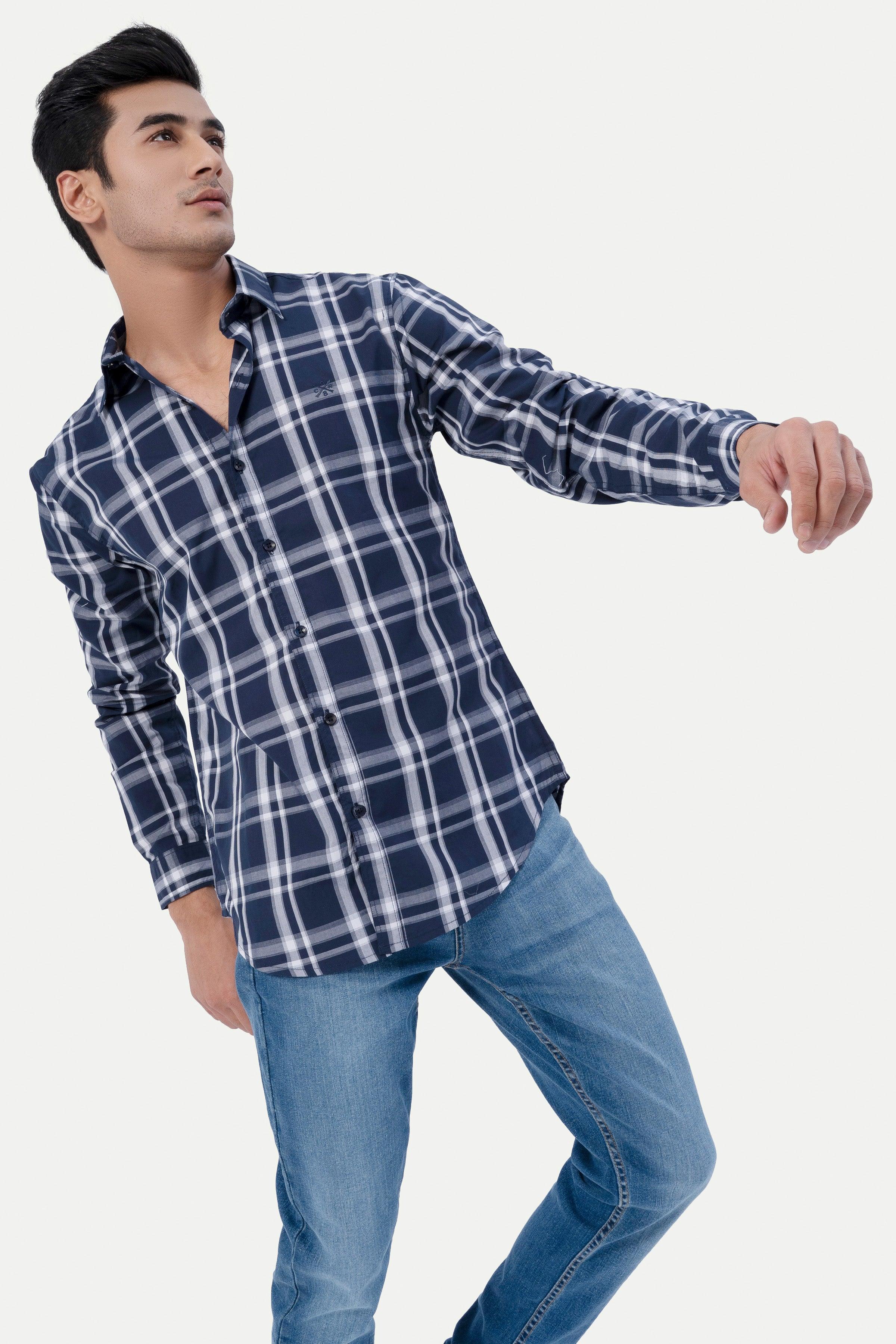 CASUAL SHIRT NAVY GREY CHECK at Charcoal Clothing