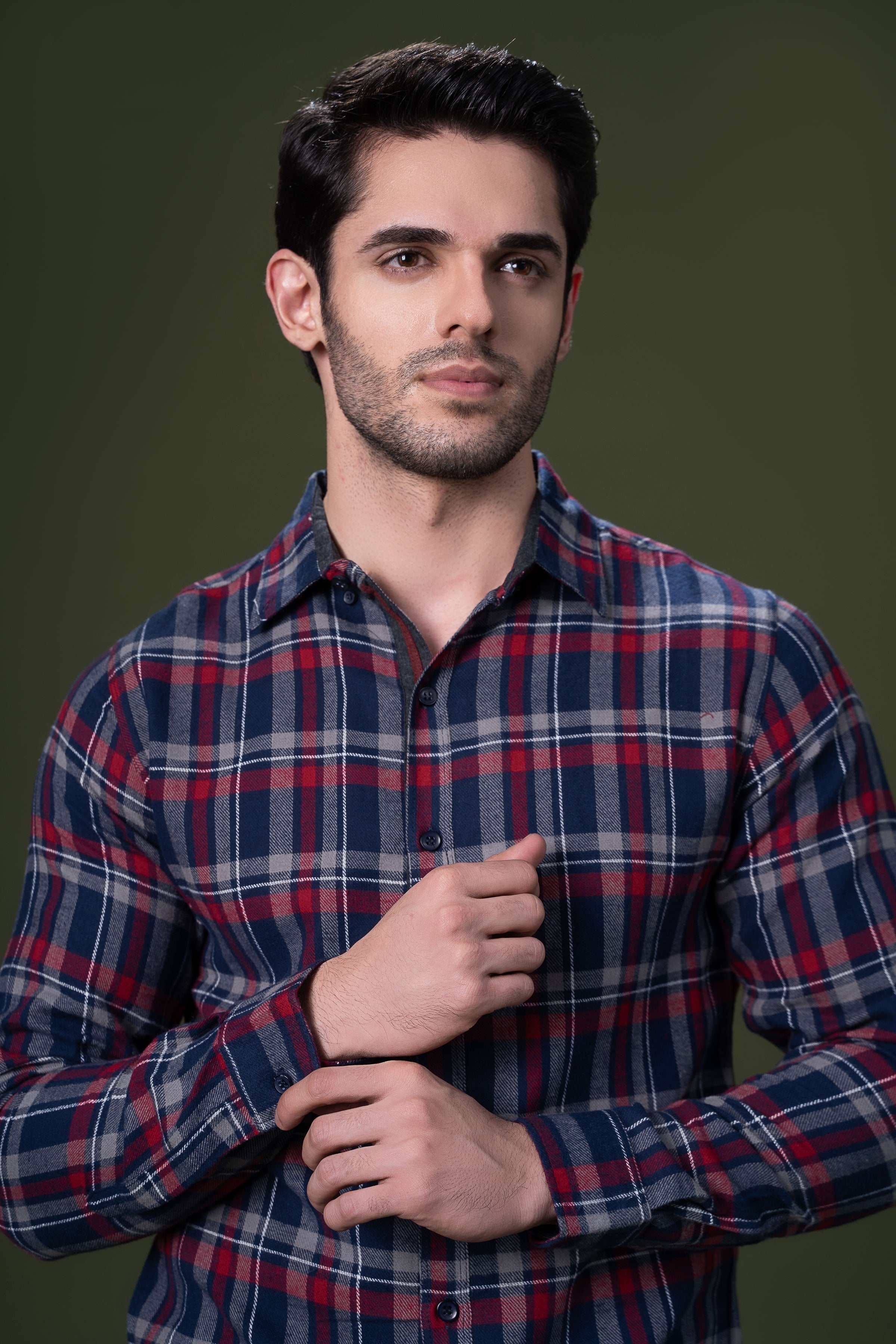CASUAL SHIRT NAVY GREY CHECK at Charcoal Clothing