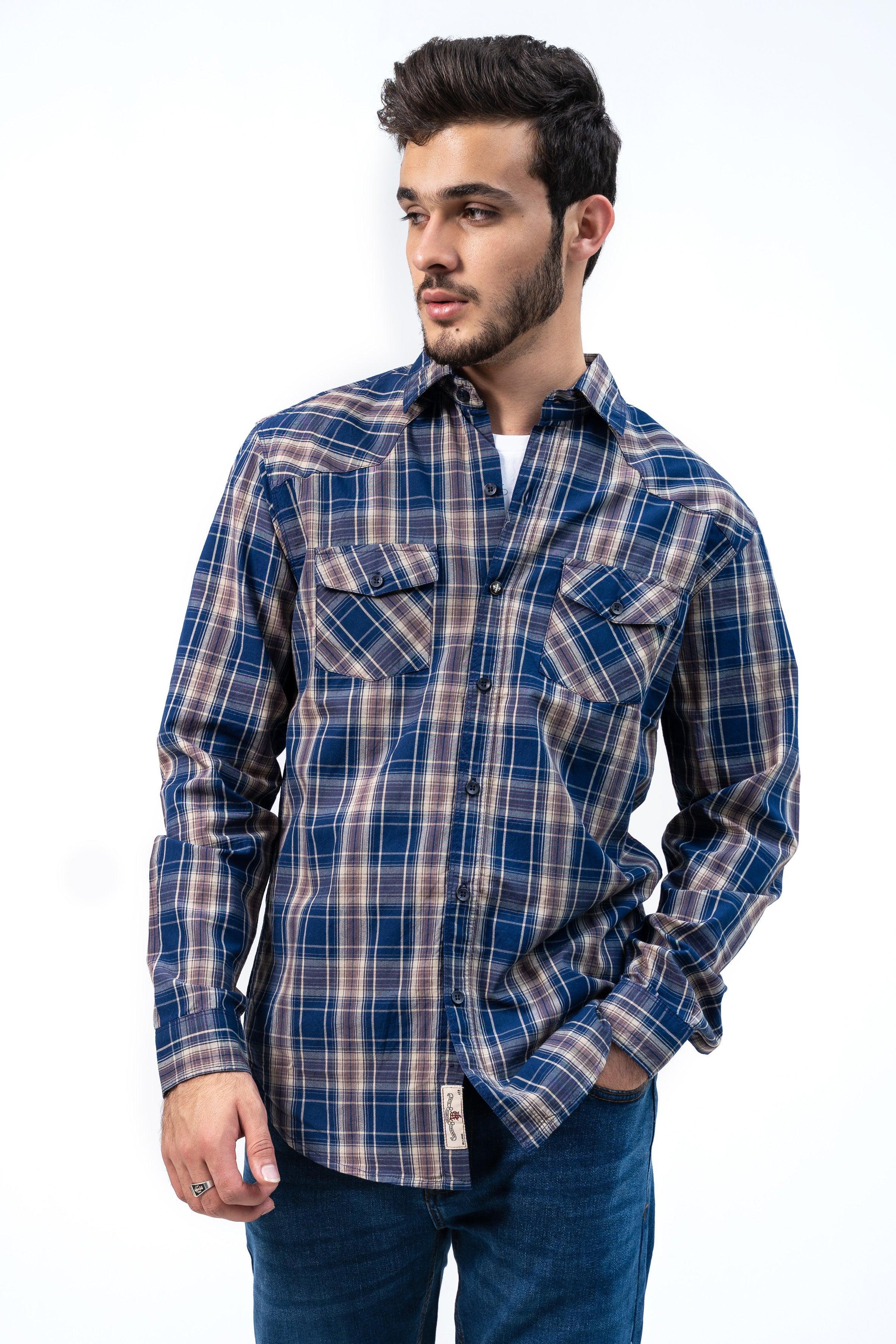 CASUAL SHIRT NAVY KHAKI CHECK at Charcoal Clothing