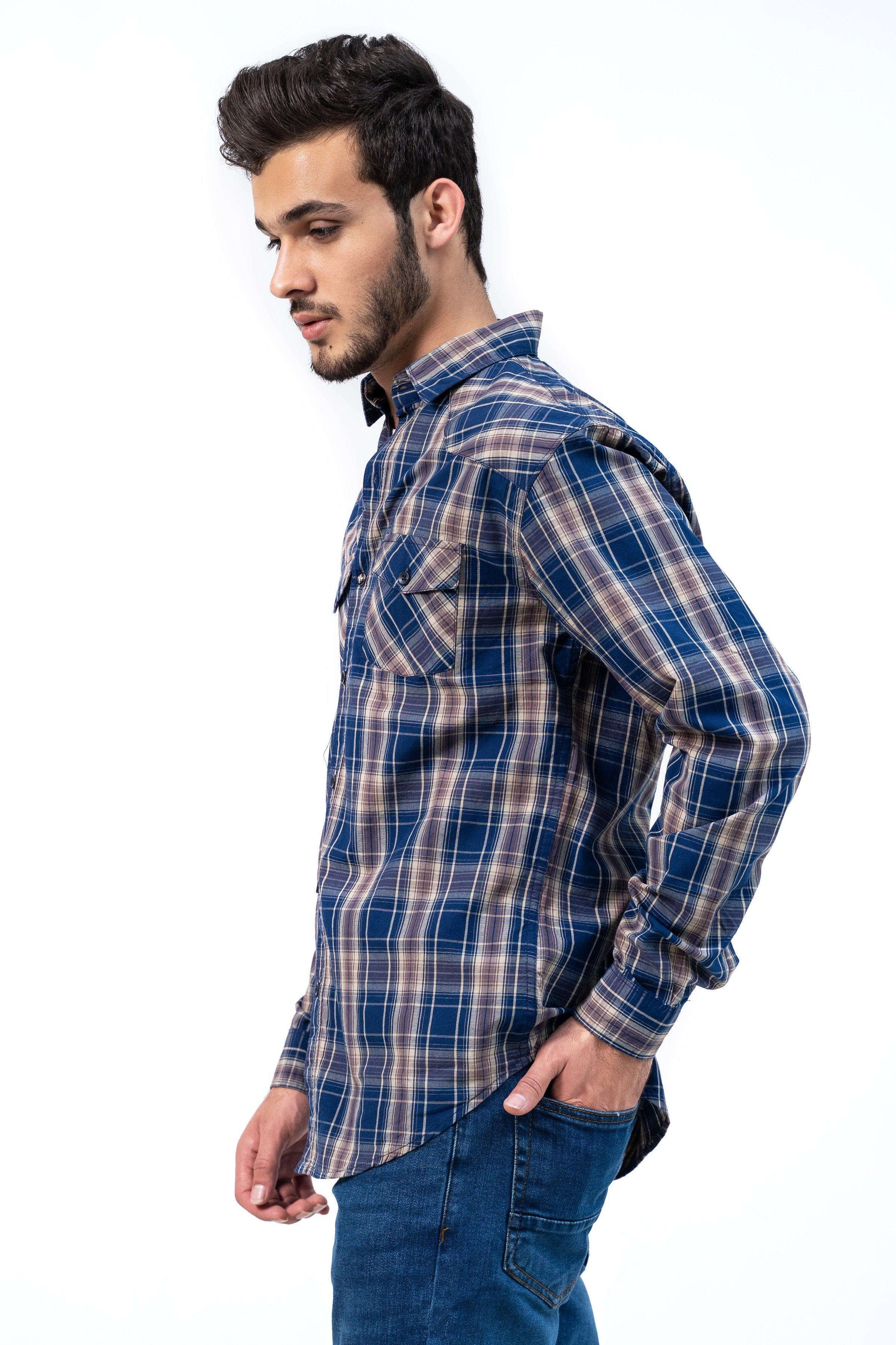 CASUAL SHIRT NAVY KHAKI CHECK at Charcoal Clothing