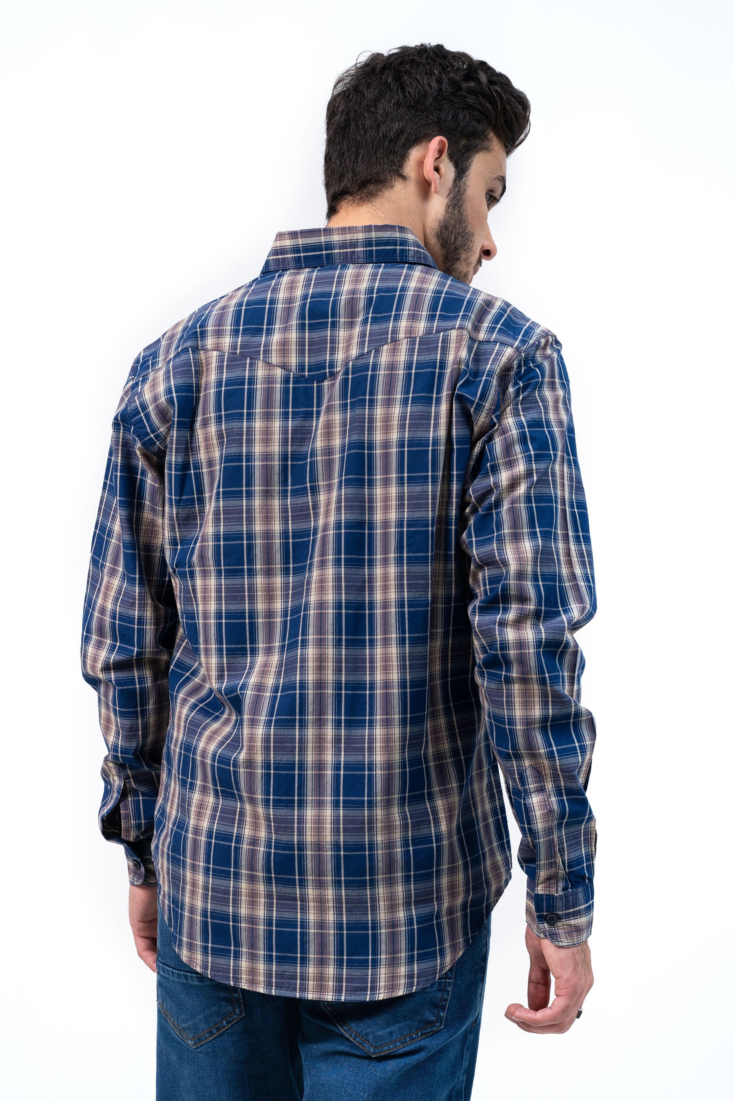 CASUAL SHIRT NAVY KHAKI CHECK at Charcoal Clothing