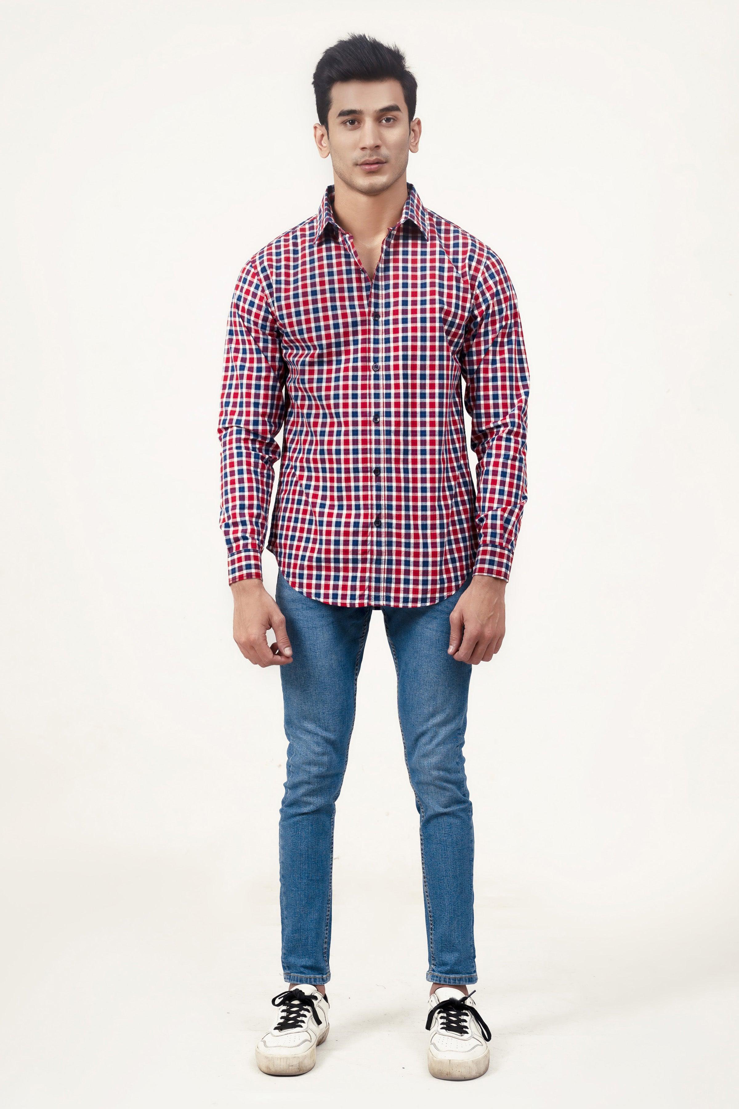 CASUAL SHIRT NAVY MAROON CHECK at Charcoal Clothing