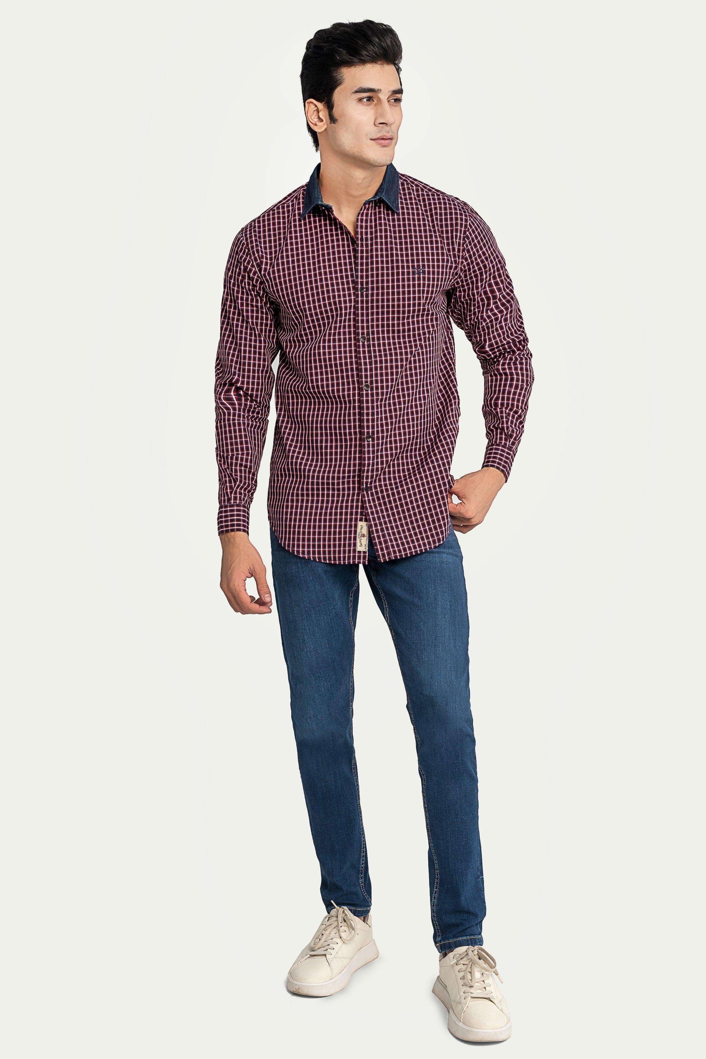 CASUAL SHIRT NAVY MAROON CHECK at Charcoal Clothing