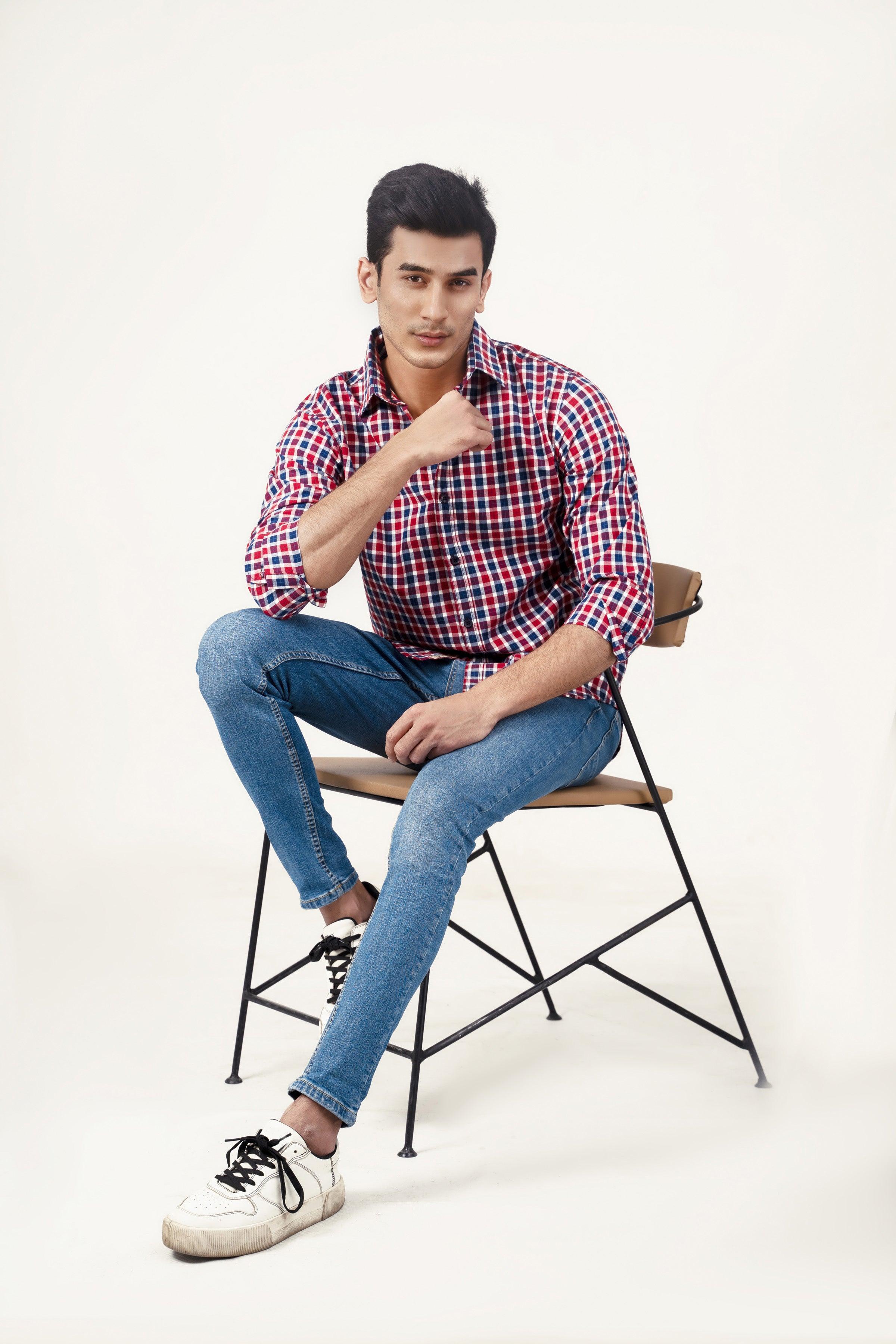 CASUAL SHIRT NAVY MAROON CHECK at Charcoal Clothing