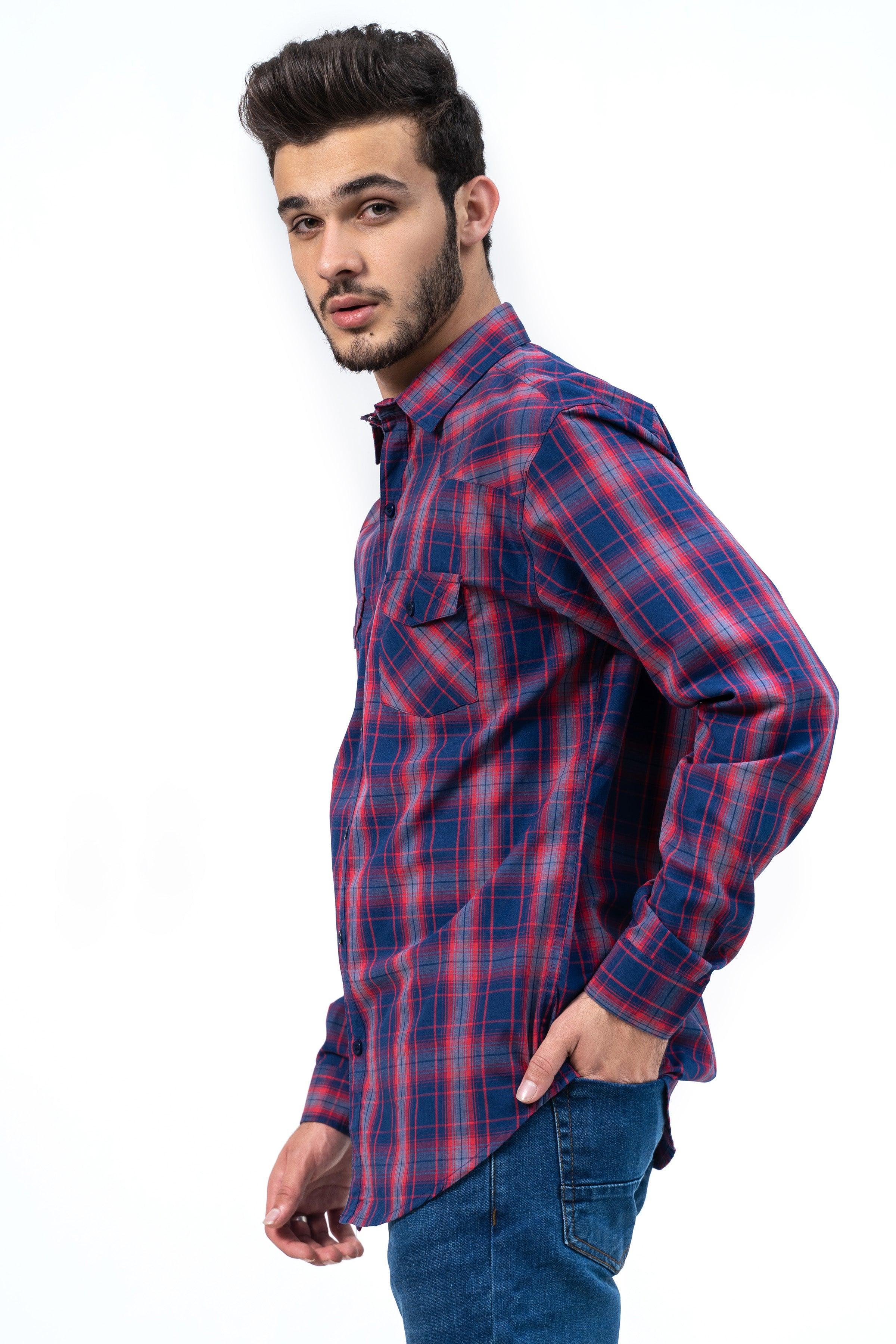 CASUAL SHIRT NAVY RED CHECK at Charcoal Clothing