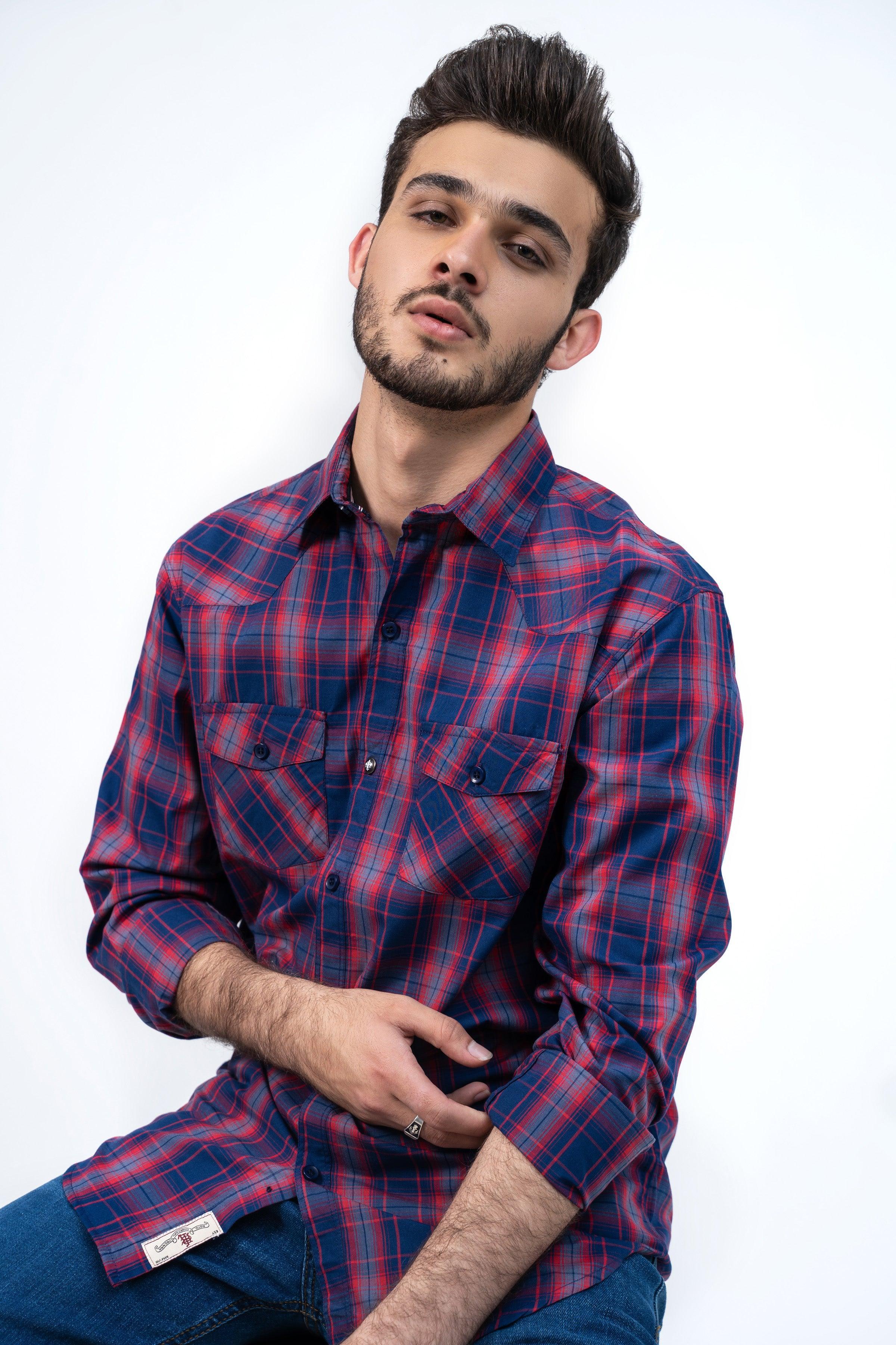 CASUAL SHIRT NAVY RED CHECK at Charcoal Clothing