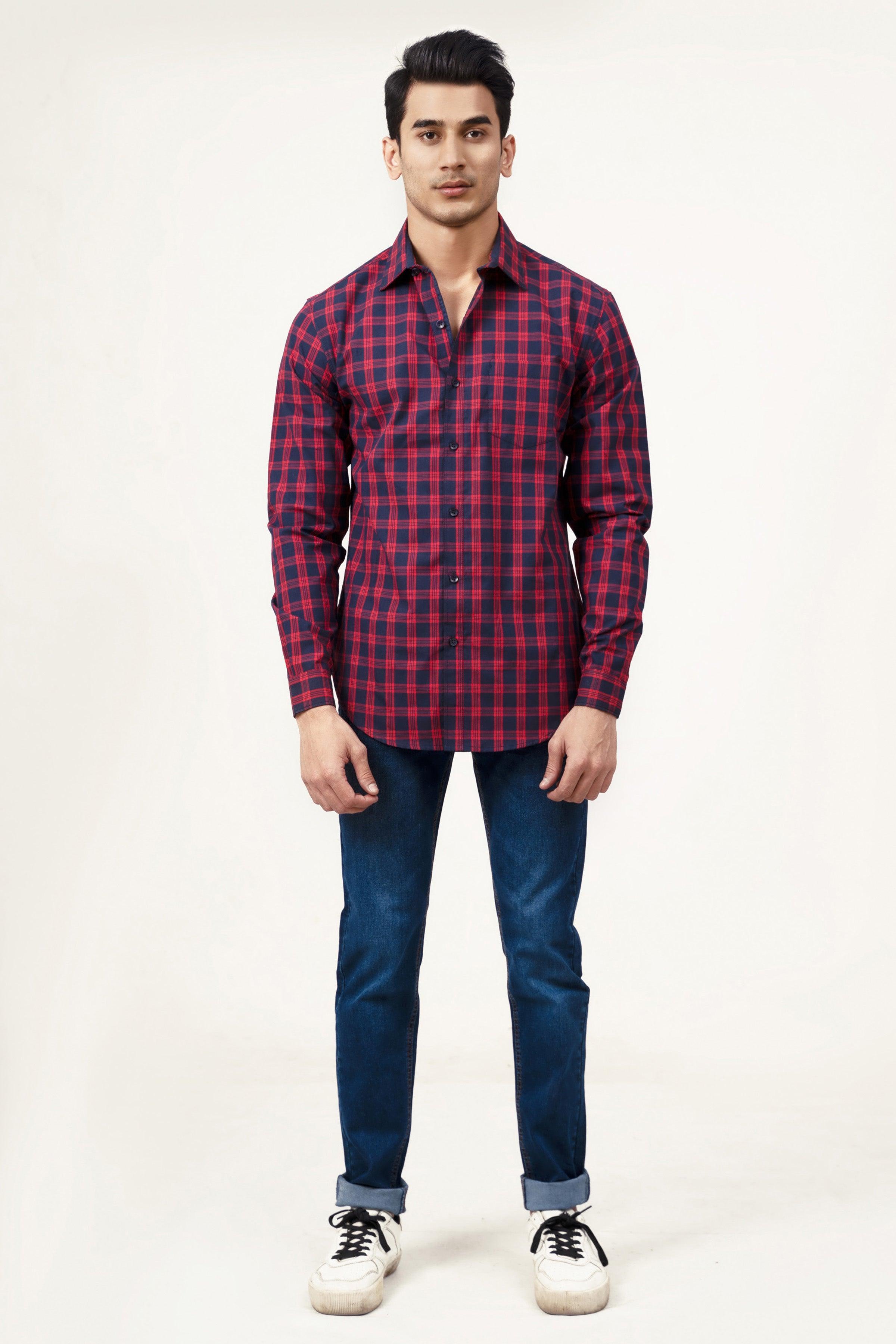 CASUAL SHIRT NAVY RED CHECK at Charcoal Clothing