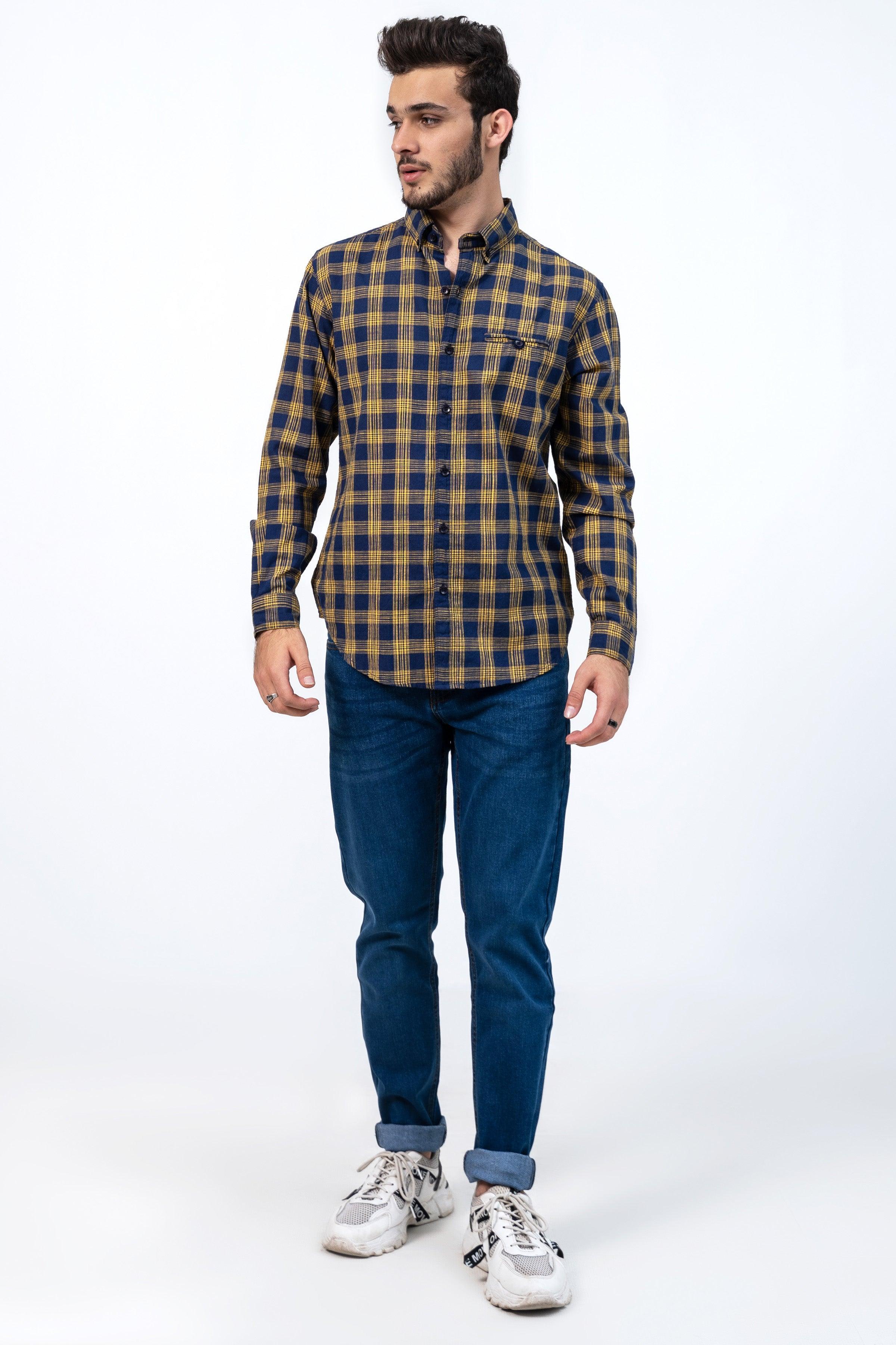 CASUAL SHIRT NAVY YELLOW CHECK at Charcoal Clothing