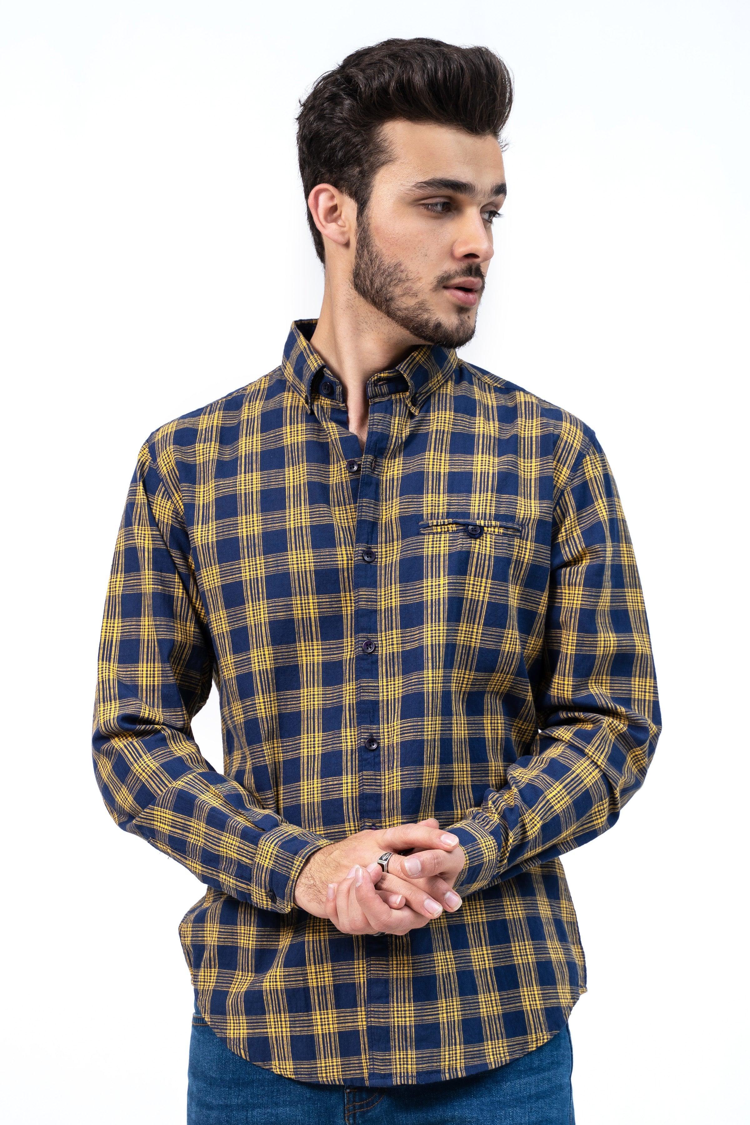 CASUAL SHIRT NAVY YELLOW CHECK at Charcoal Clothing