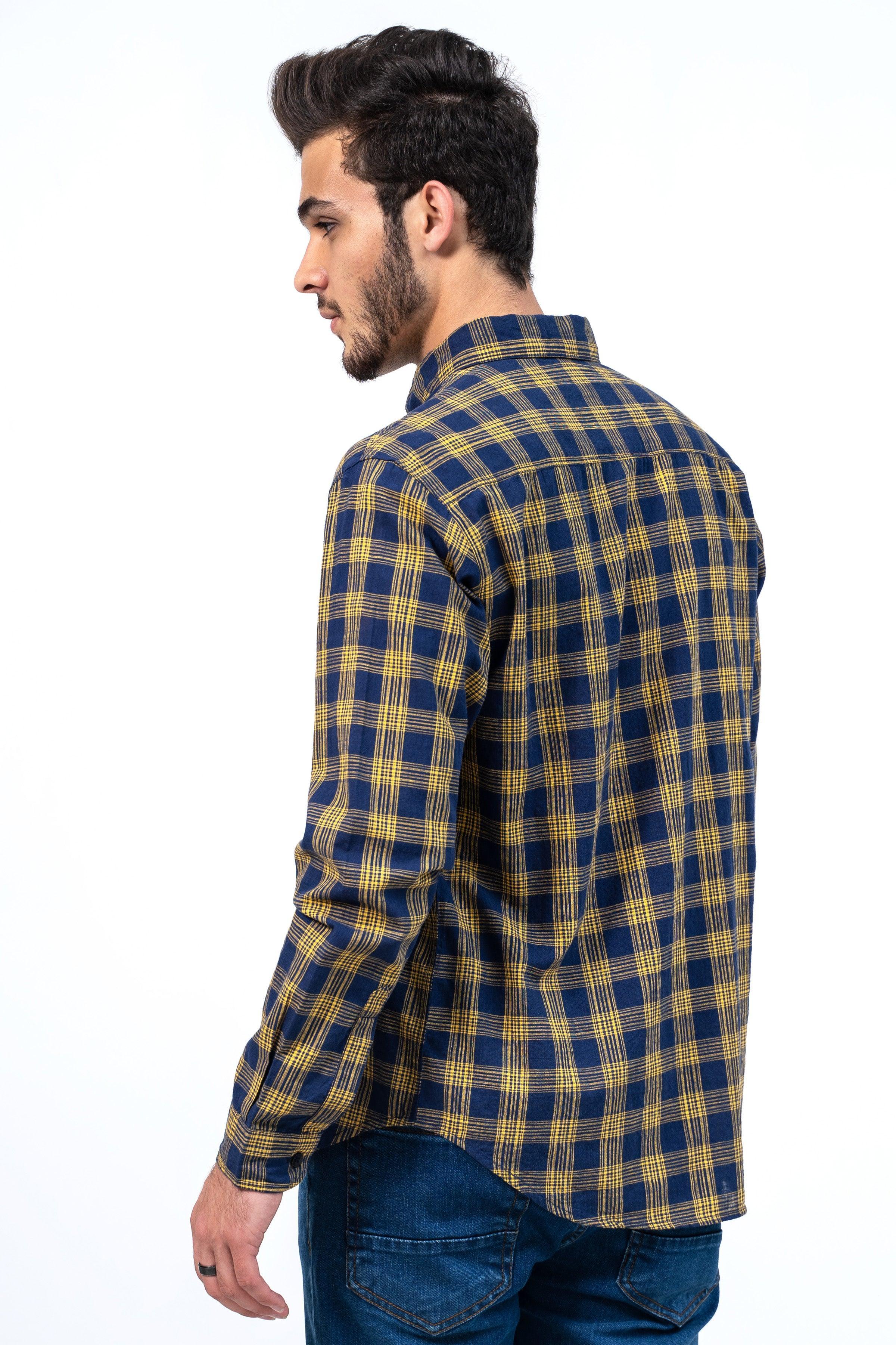 CASUAL SHIRT NAVY YELLOW CHECK at Charcoal Clothing