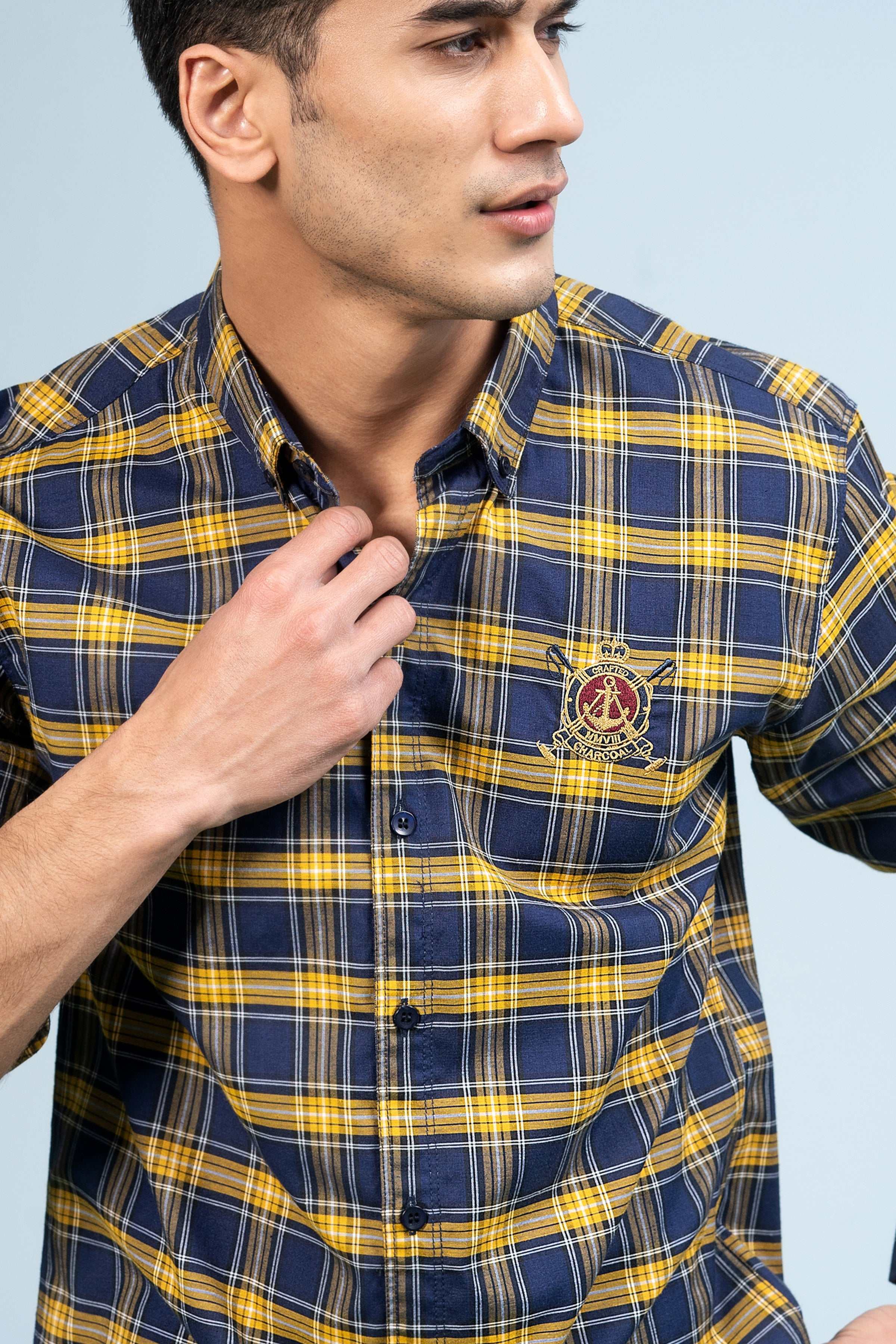 CASUAL SHIRT NAVY YELLOW CHECK at Charcoal Clothing