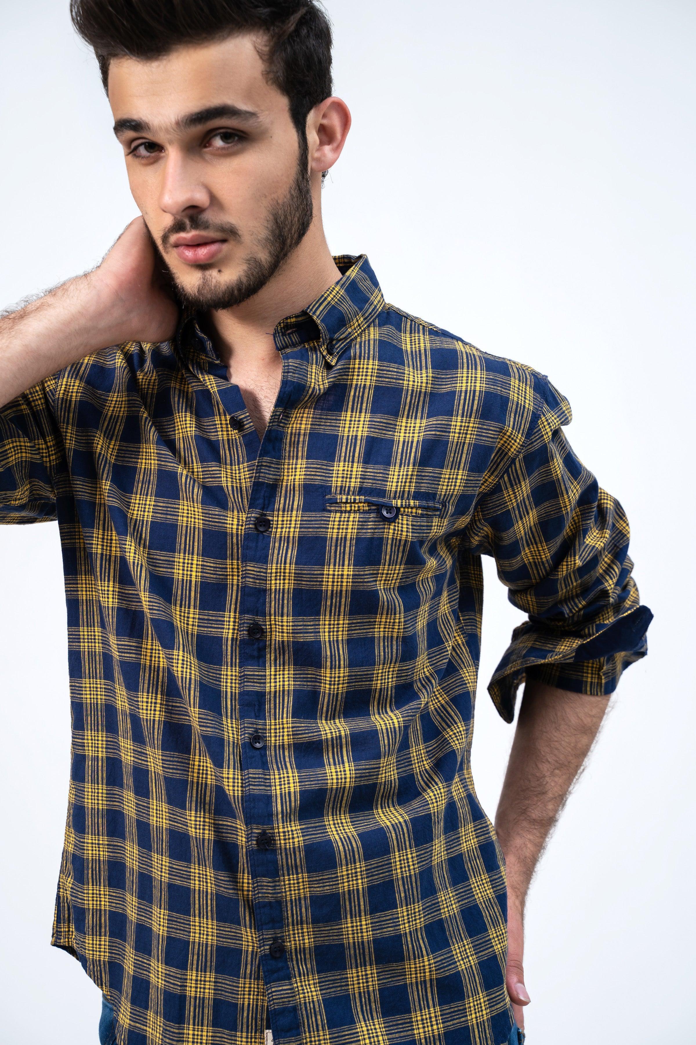 CASUAL SHIRT NAVY YELLOW CHECK at Charcoal Clothing