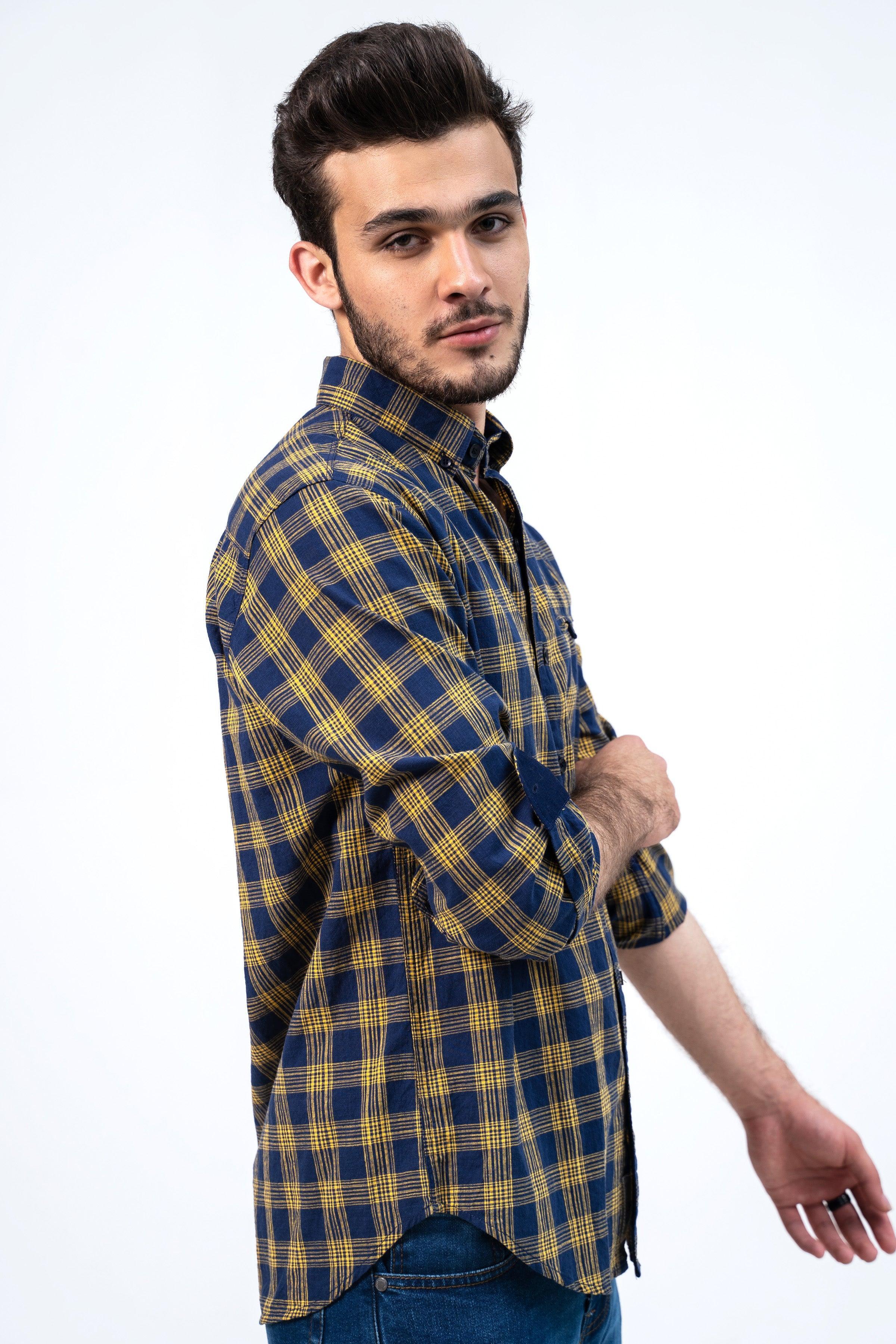 CASUAL SHIRT NAVY YELLOW CHECK at Charcoal Clothing