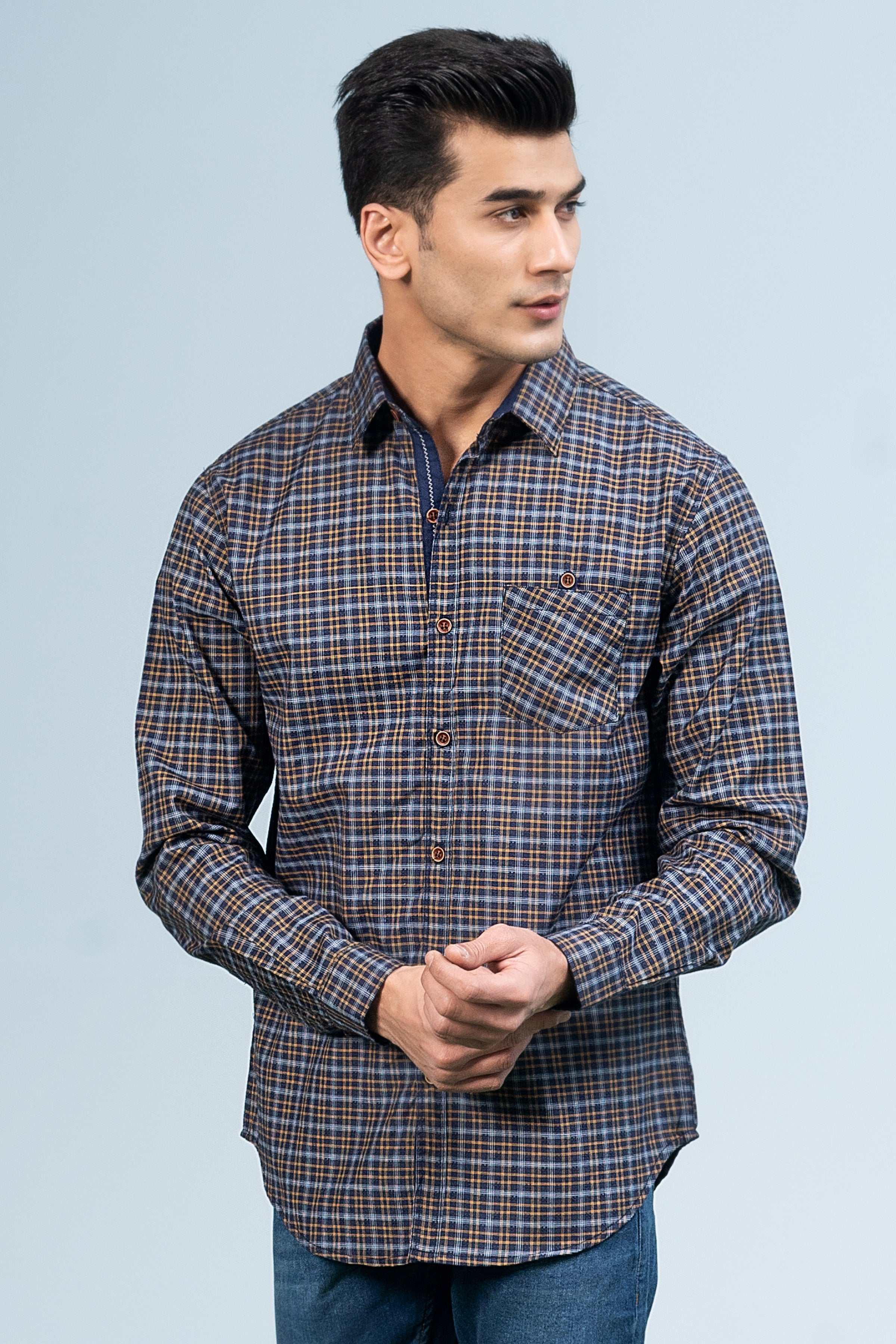 CASUAL SHIRT NAVY YELLOW at Charcoal Clothing