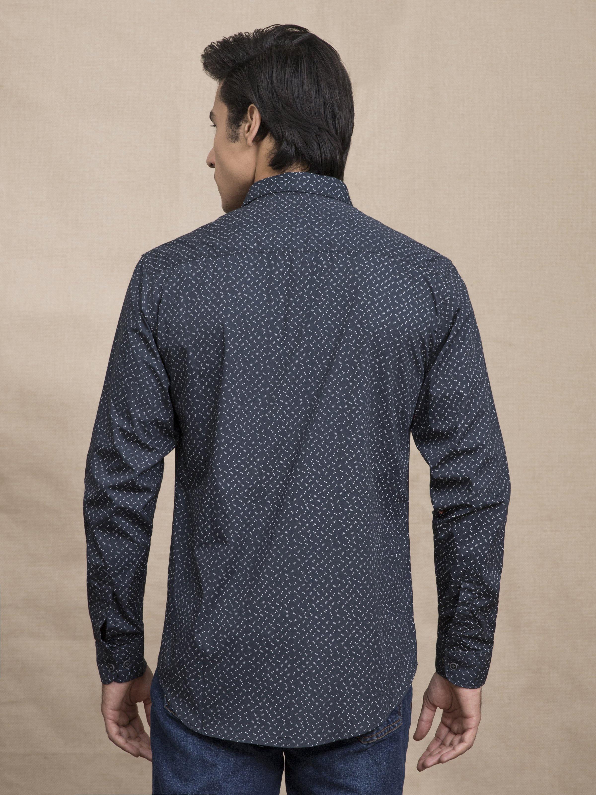 Navy patterned casual button-up shirt from back with long sleeves