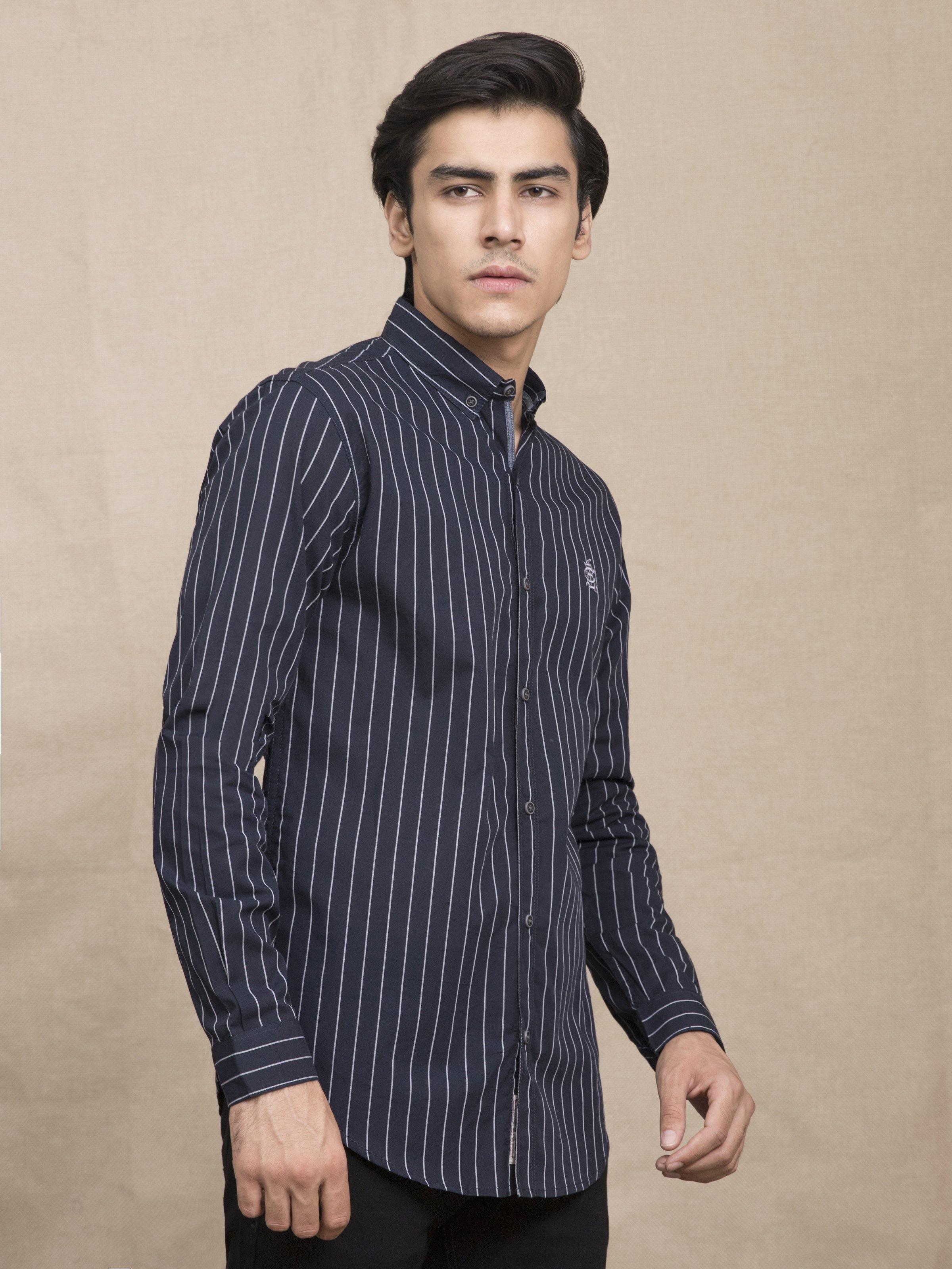 Navy striped casual button-up shirt with stand collar, long sleeves, chest logo