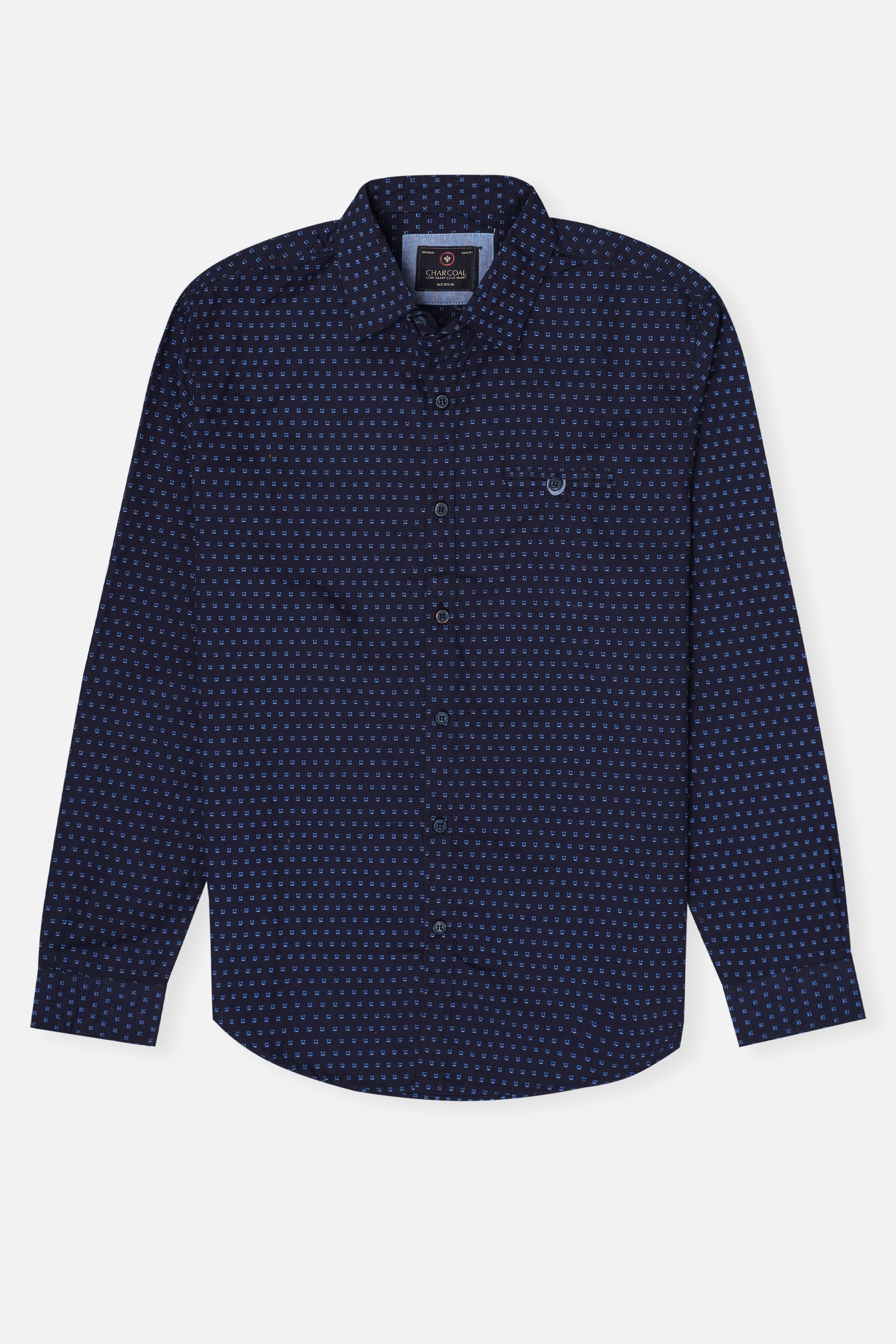 Navy casual button-up shirt with small dot pattern and button placket