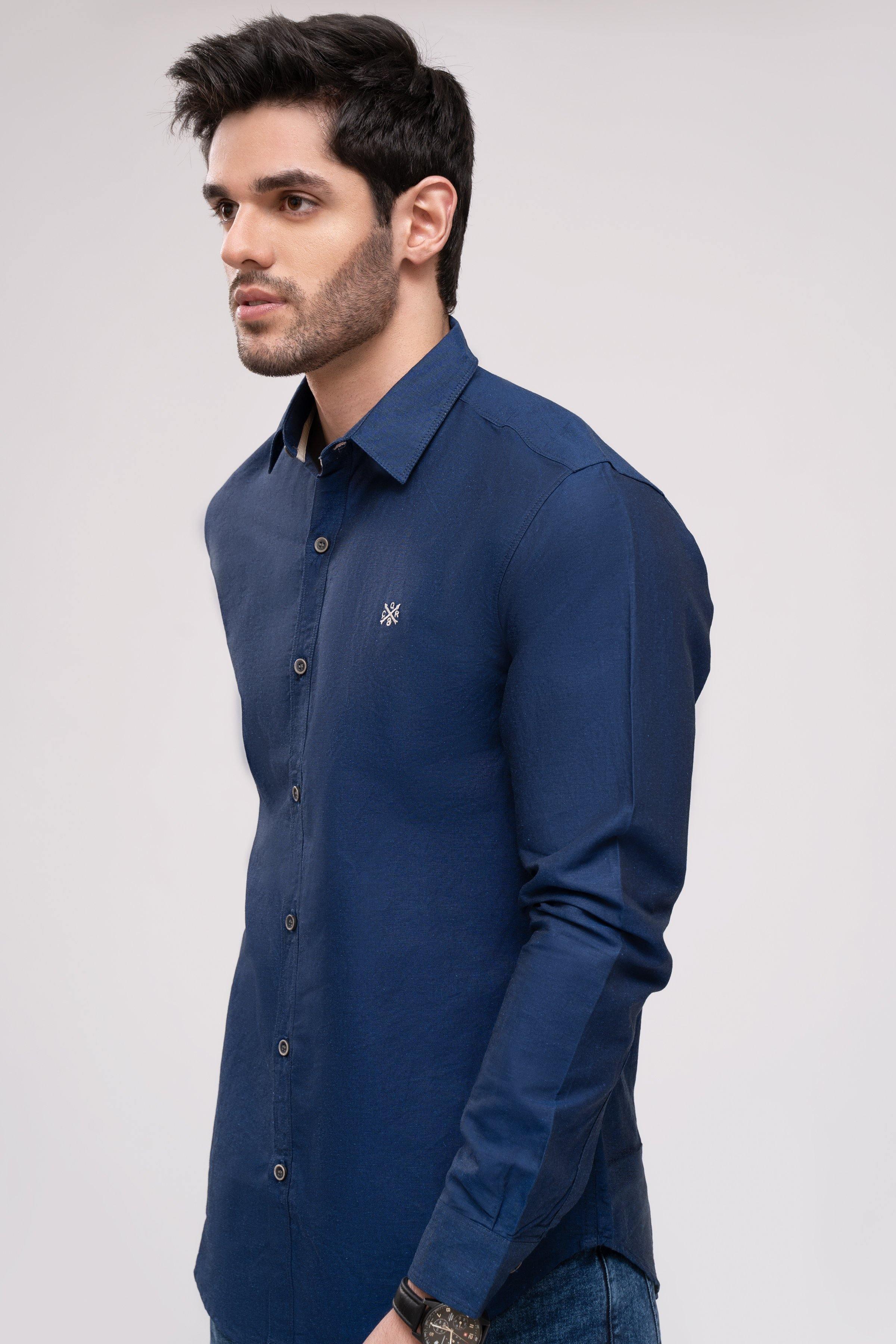 Navy casual button-up shirt, long sleeves, pointed collar, small chest emblem