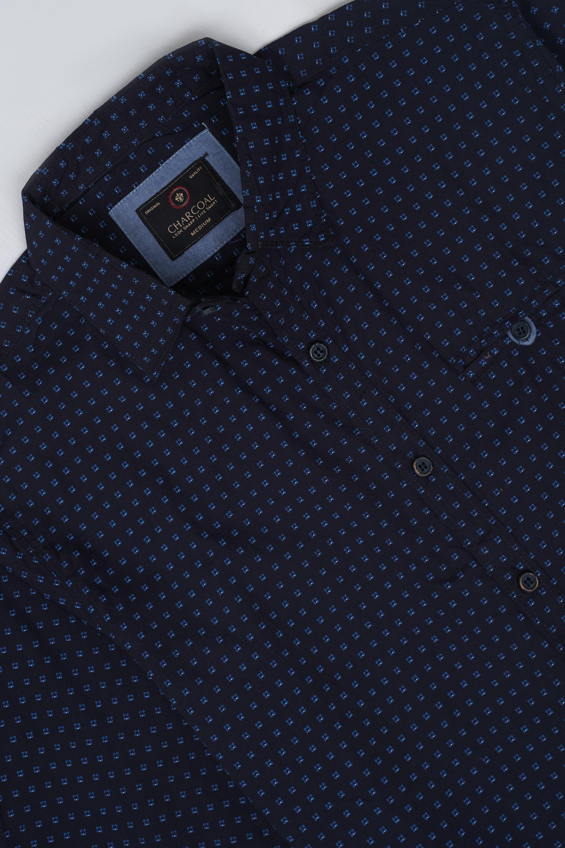 Navy casual button-up shirt collar with small pattern and interior logo tag
