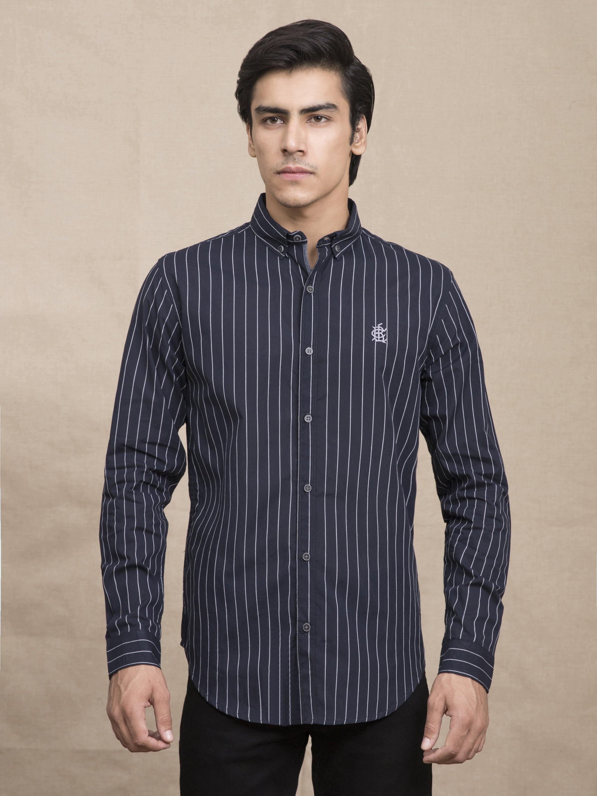 Navy casual button-up shirt with vertical white stripes, long sleeves, chest logo
