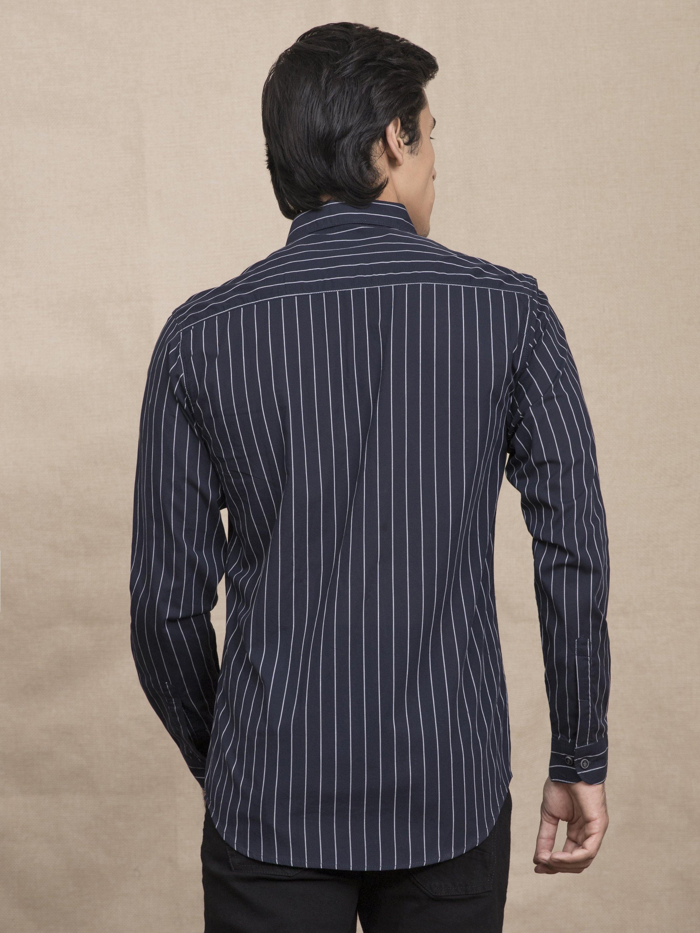 Navy striped casual button-up shirt, back view, long sleeves