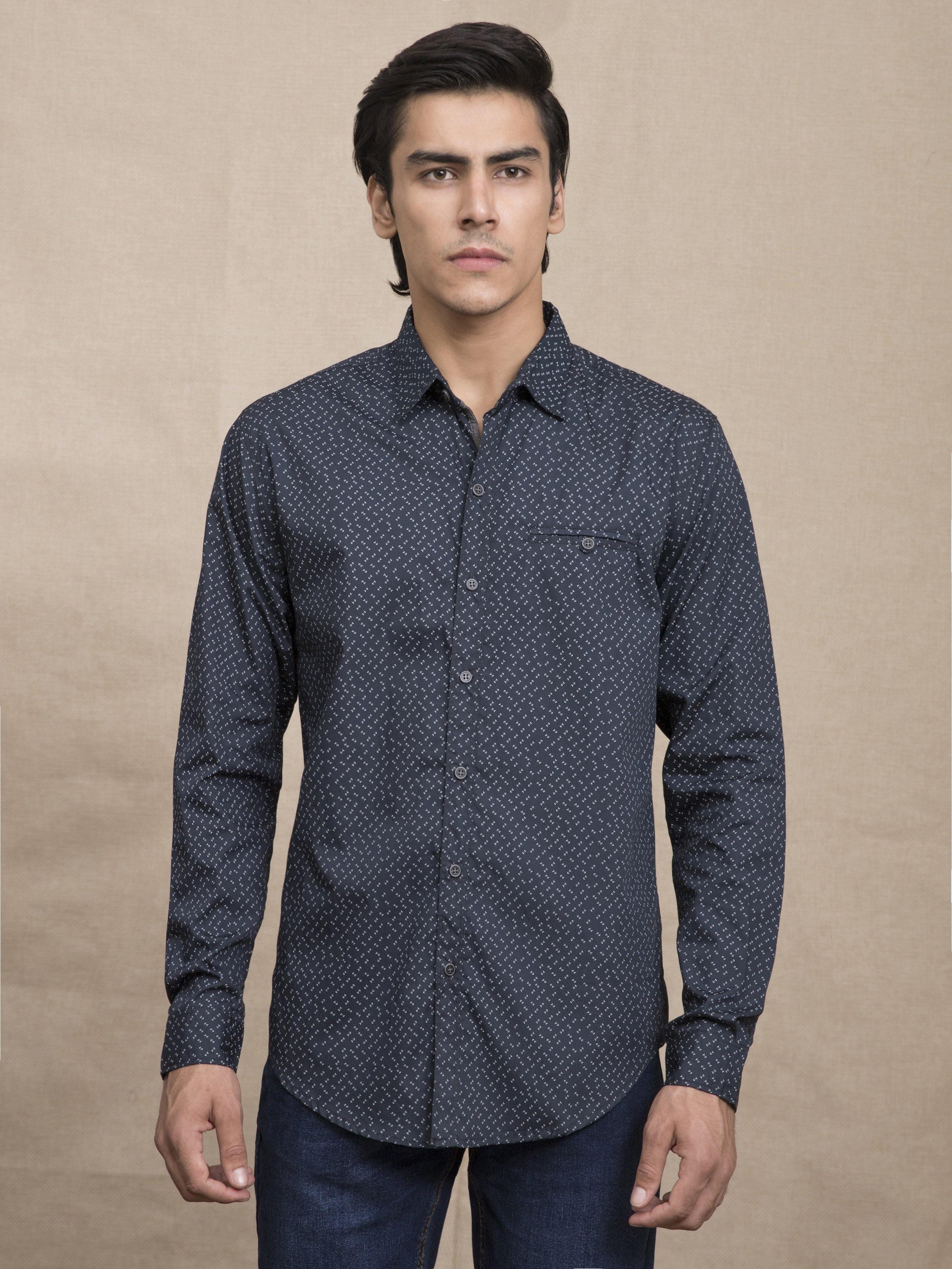 Navy patterned casual button-up shirt with long sleeves and chest pocket