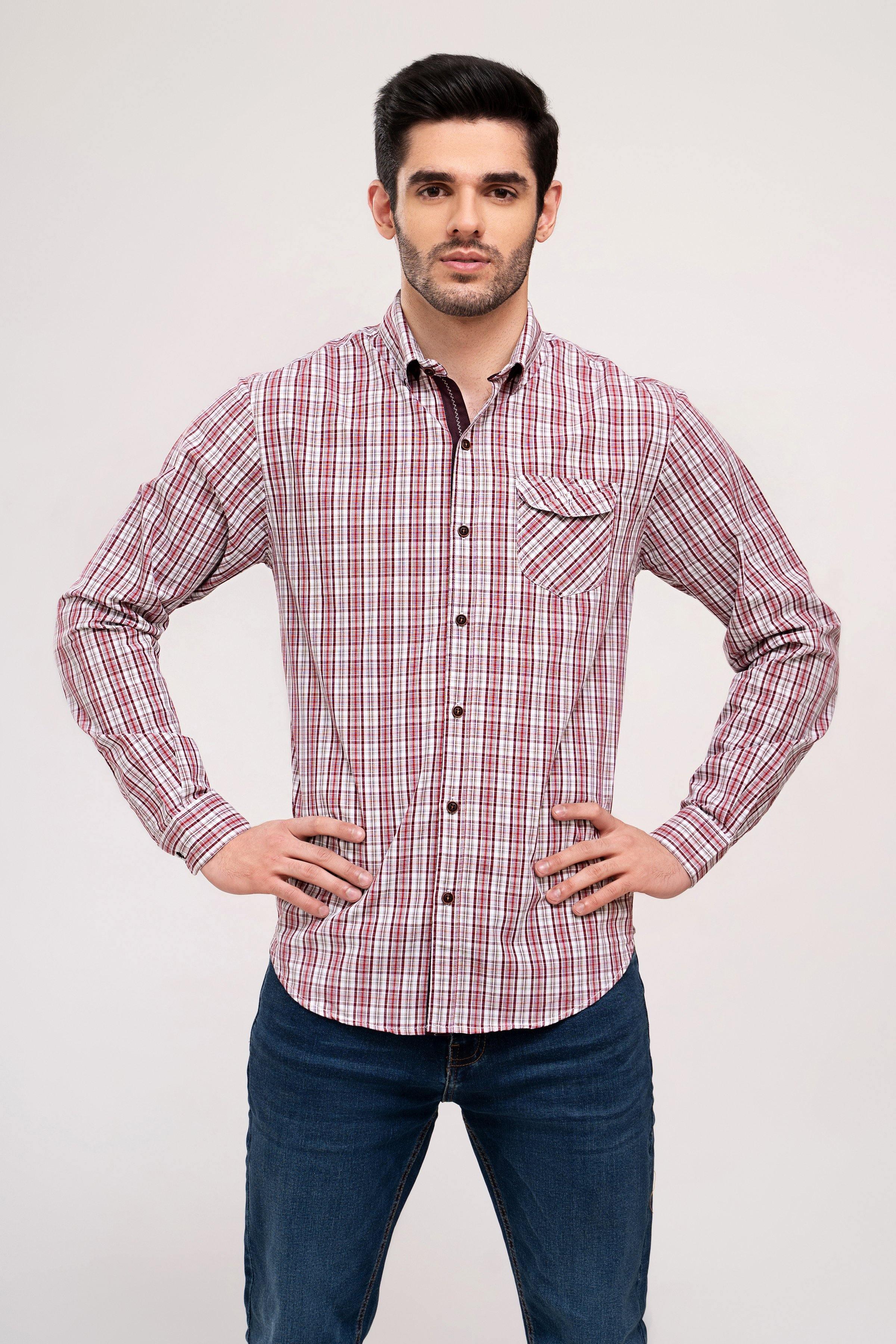 Maroon and off-white plaid button-up casual shirt with chest patch pocket