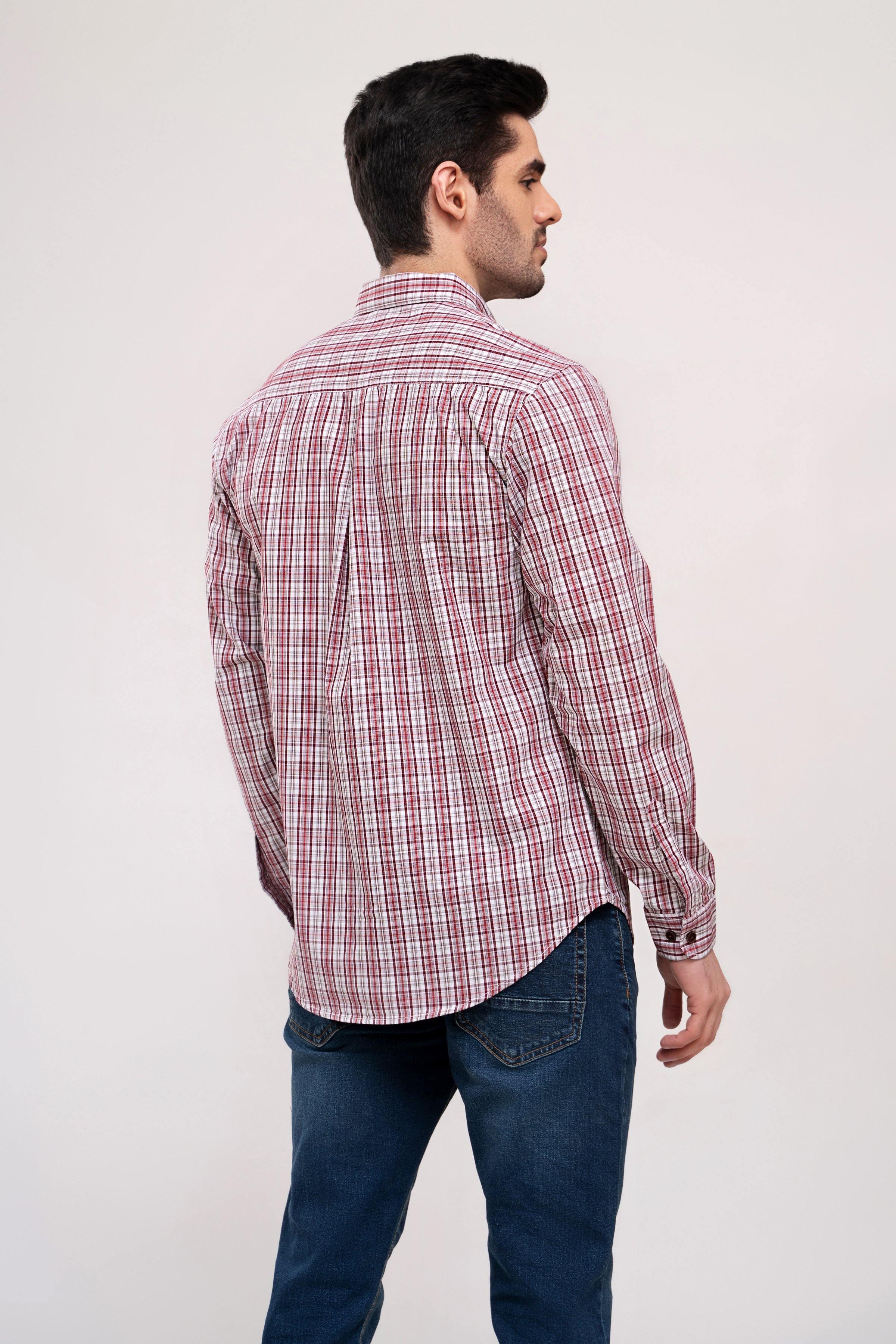 Maroon and off-white plaid button-up casual shirt, back/side view