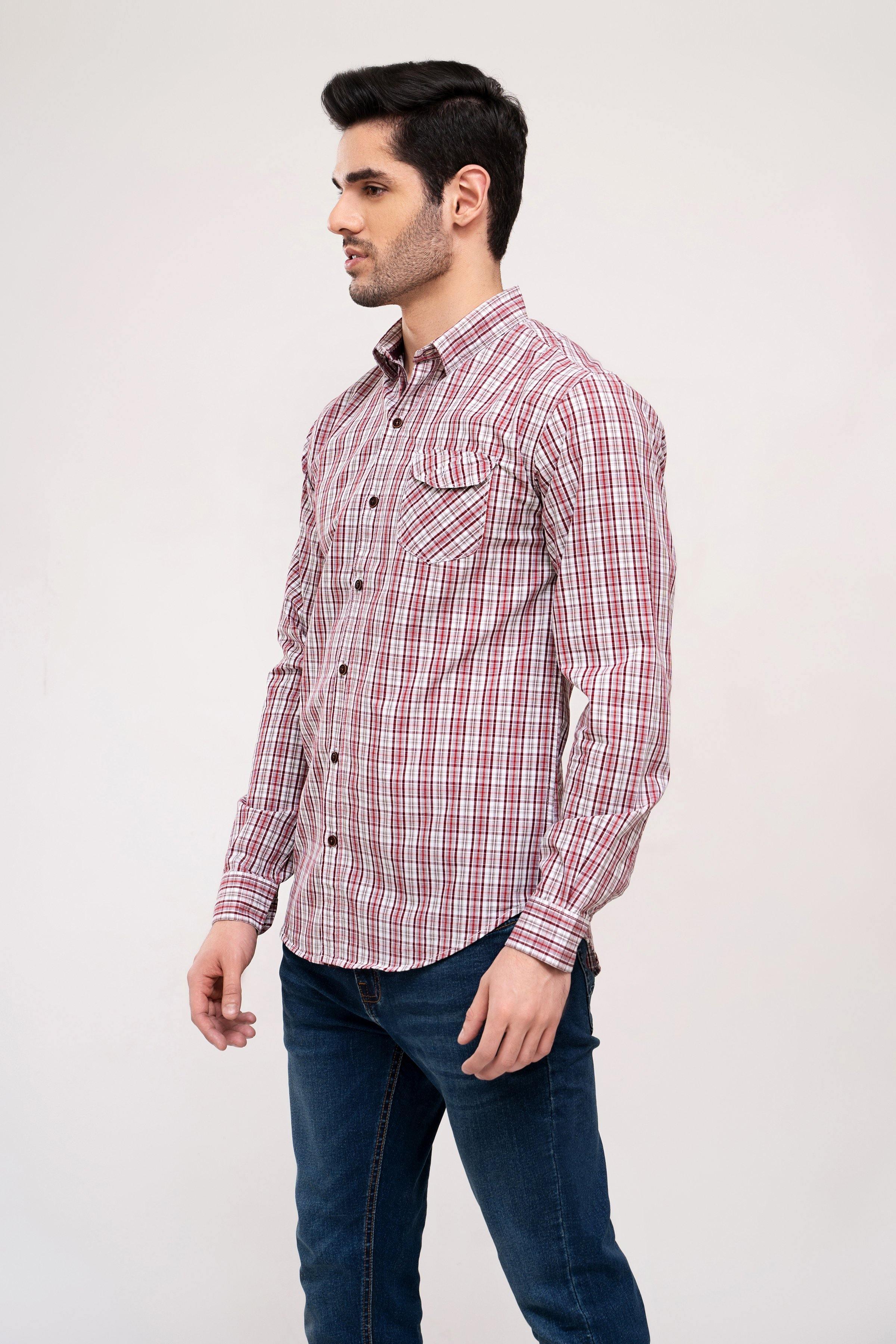 Maroon and off-white plaid button-up casual shirt, side view with sleeves