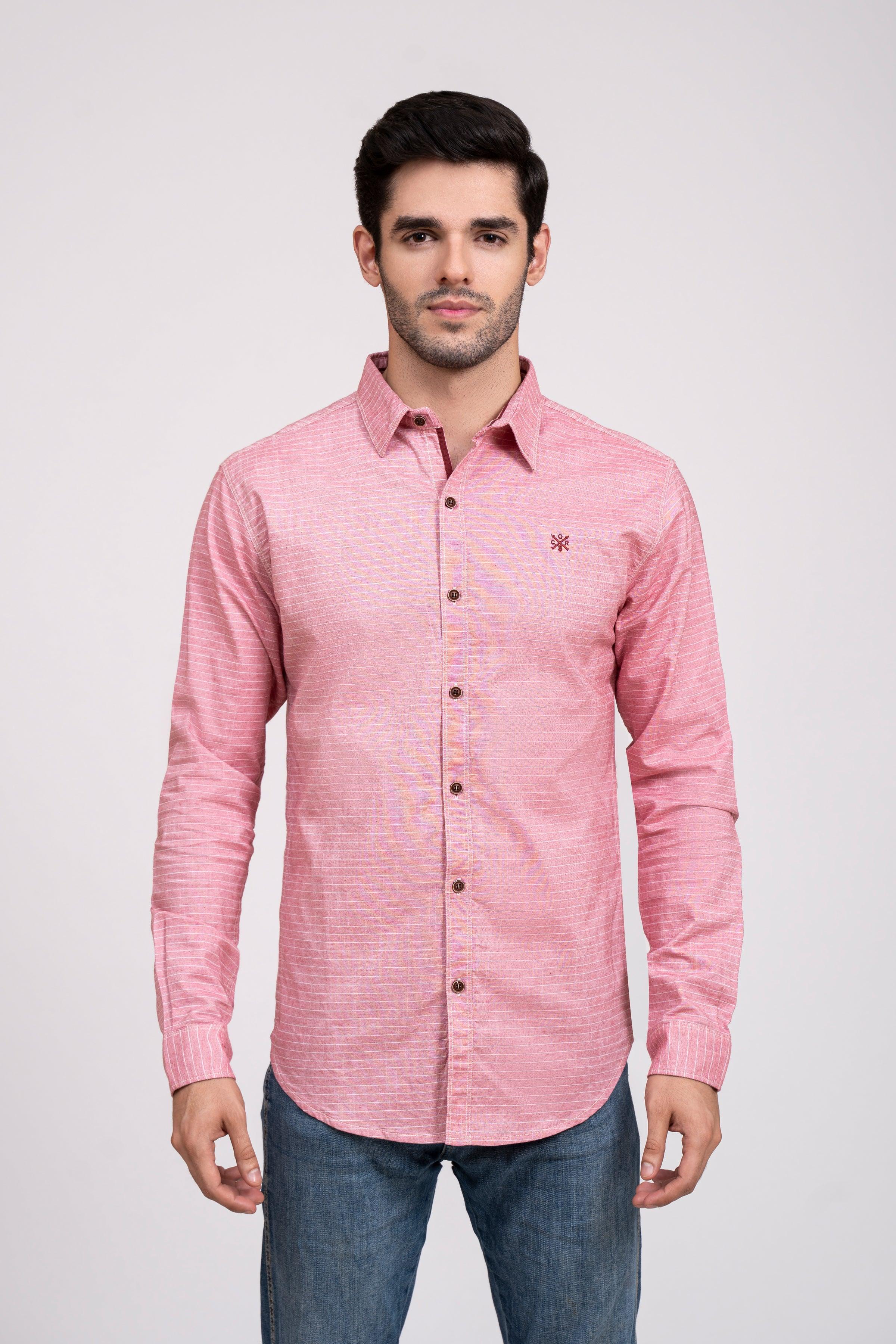 Pink casual button-up shirt, point collar, long sleeves