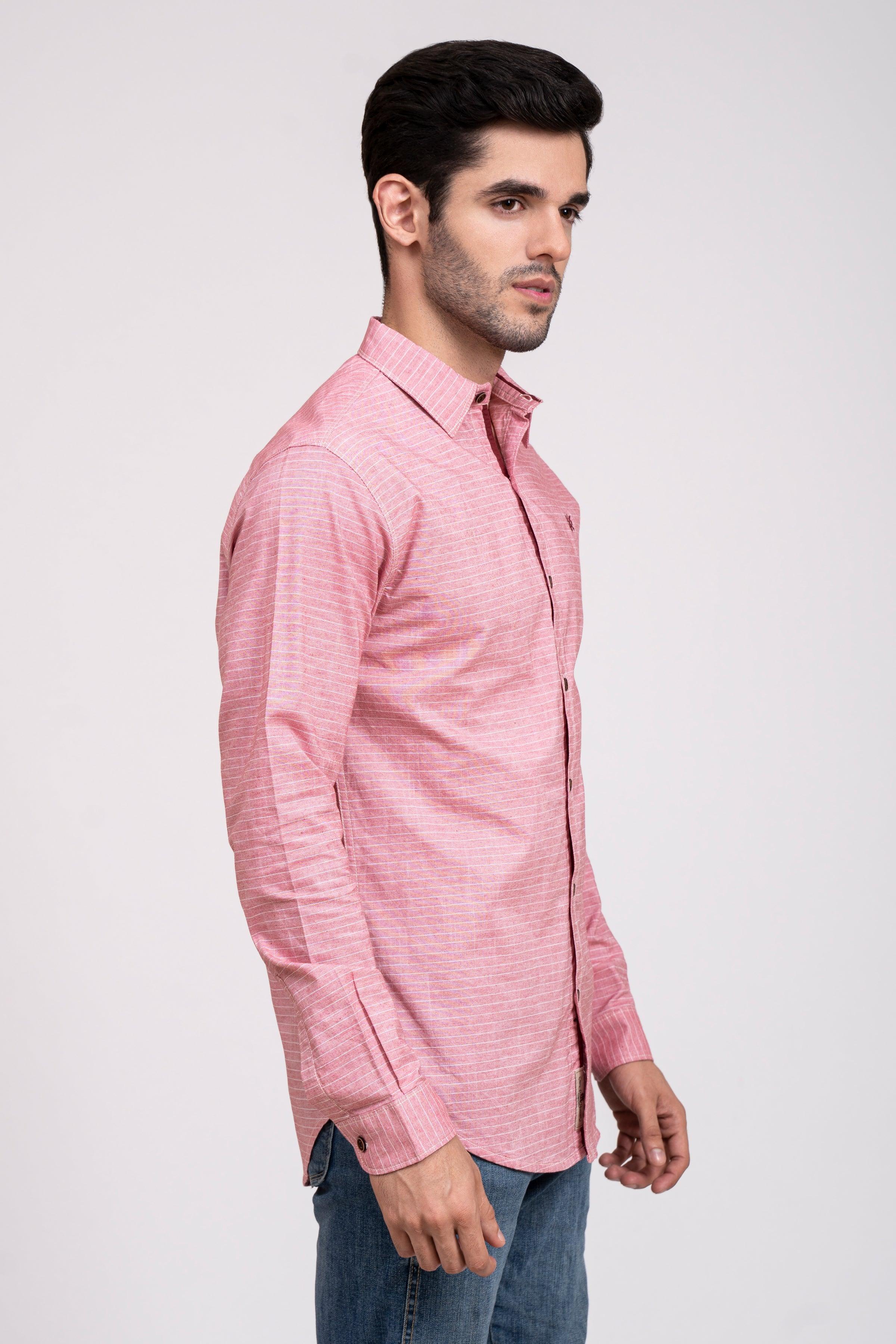 Pink casual button-up shirt, side view, point collar and long sleeves