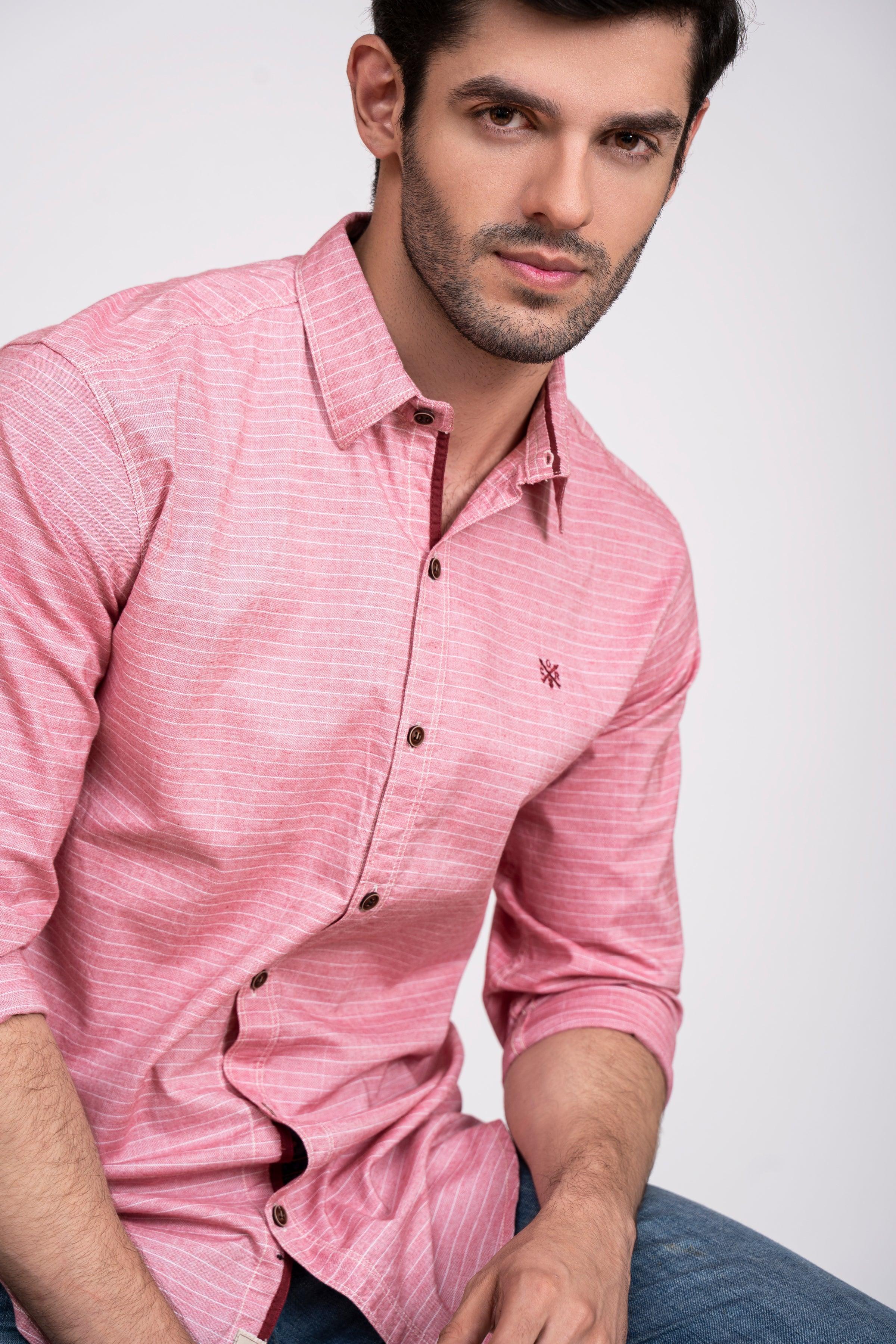 Pink casual button-up shirt, point collar, front button detail