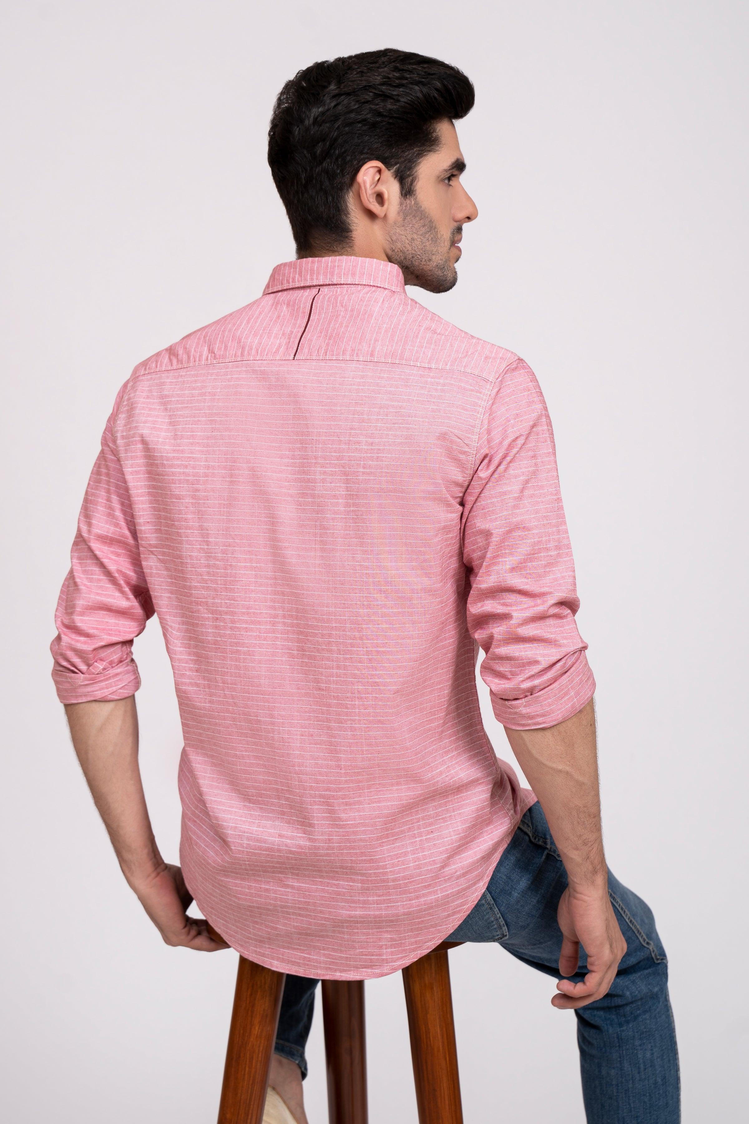 Pink casual button-up shirt, back view, long sleeves and curved hem