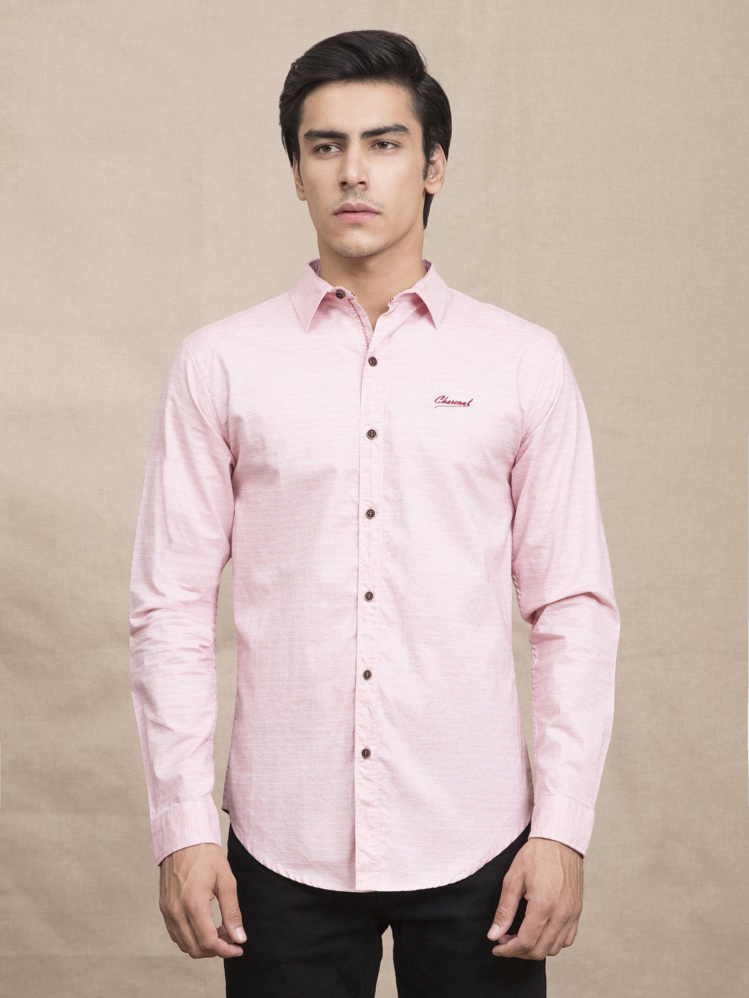 Pink casual button-up shirt with long sleeves, button front, chest logo