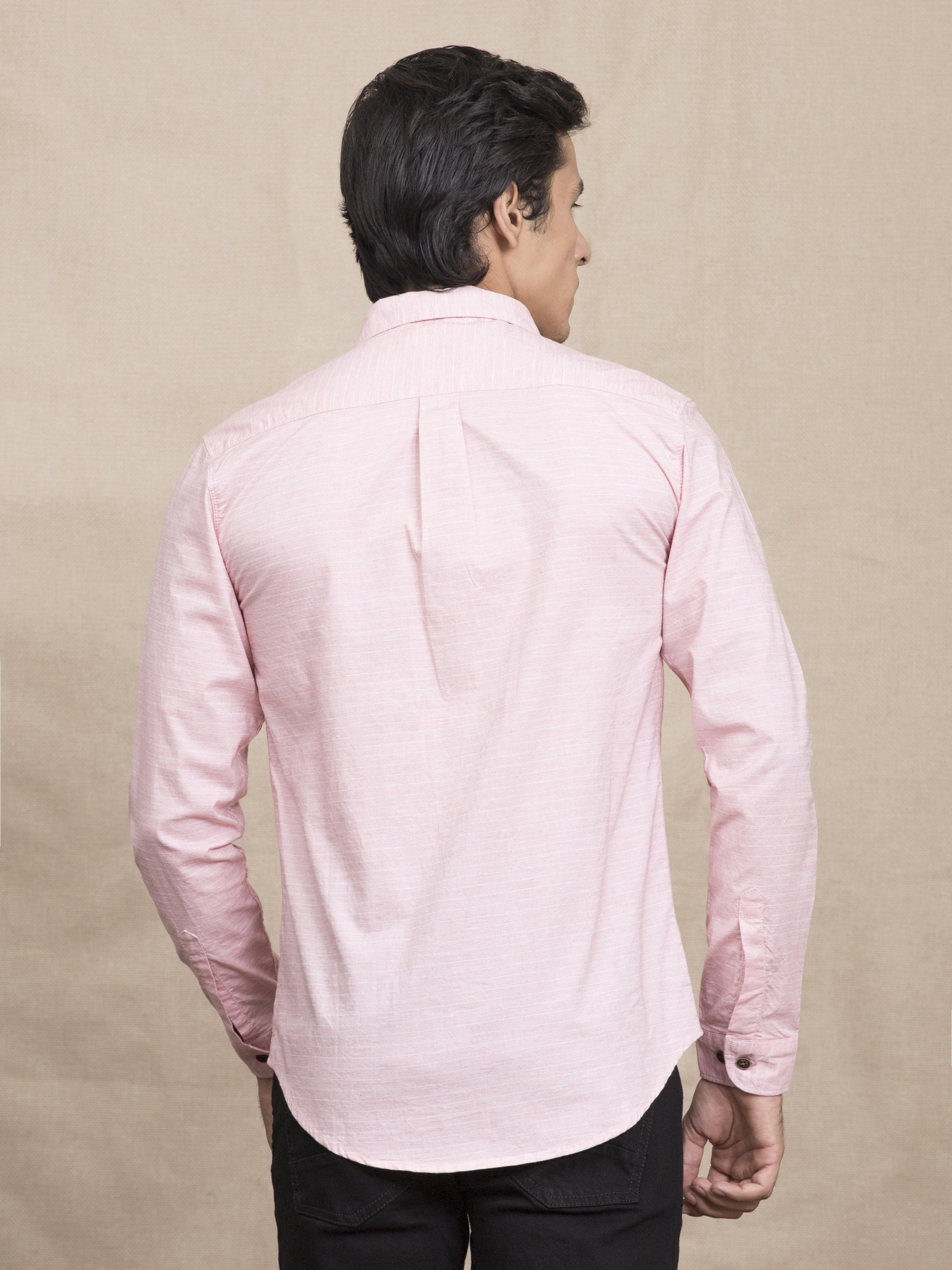 Pink casual shirt, back view, long sleeves and button-down collar