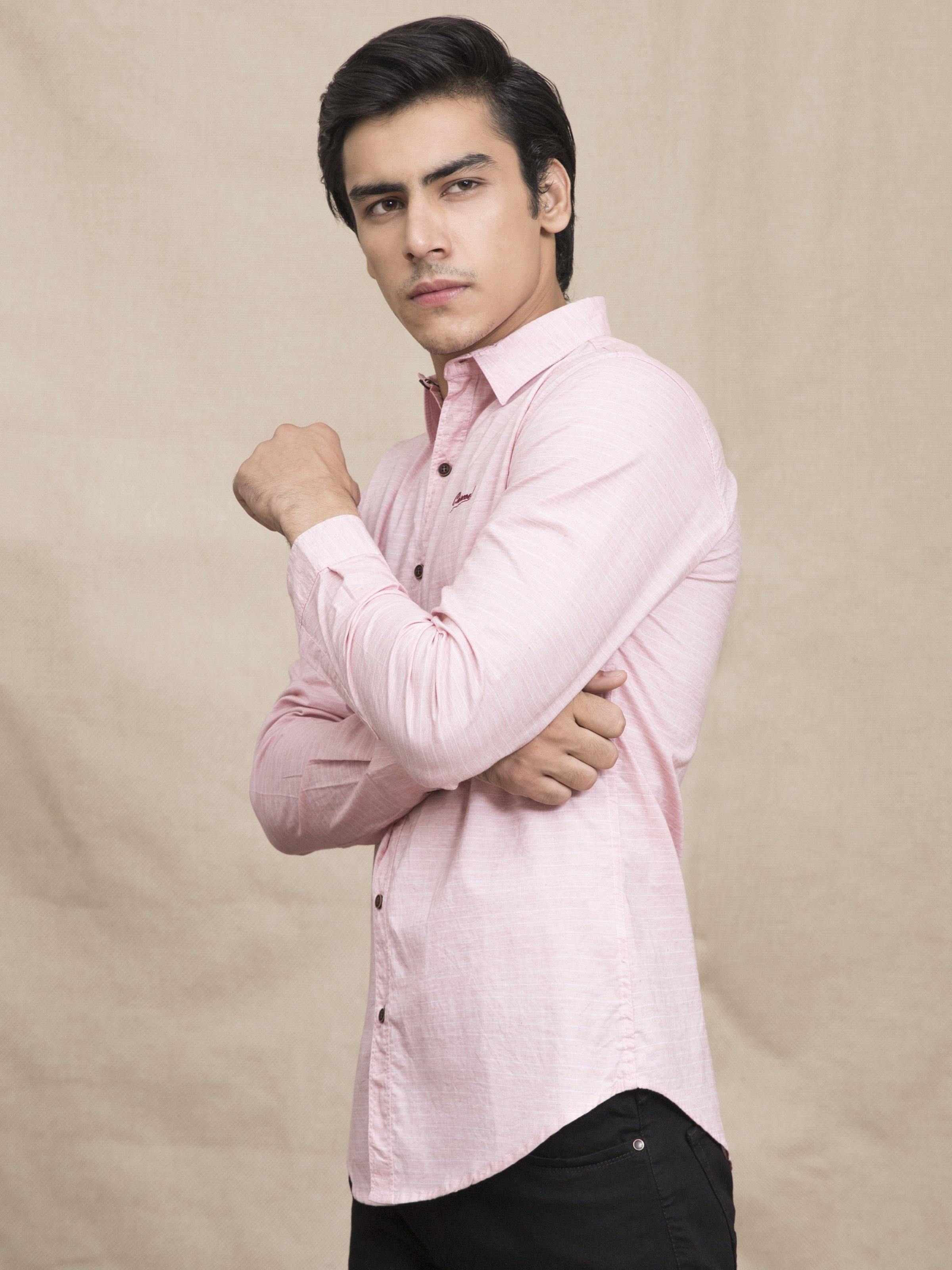 Pink casual button-up shirt with long sleeves and button-down collar