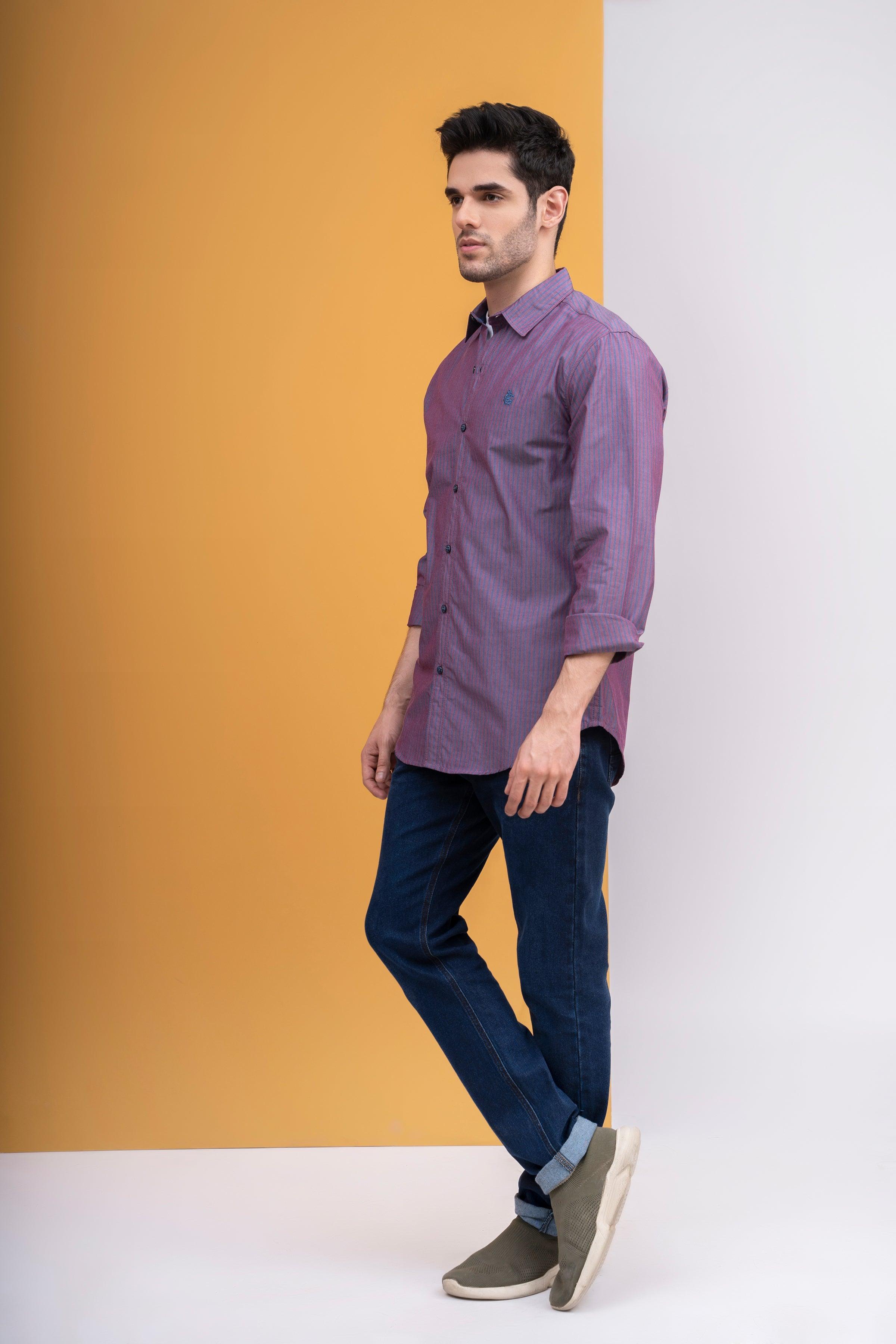 Men's casual button-up shirt, side view, long sleeves, button cuffs, red wine