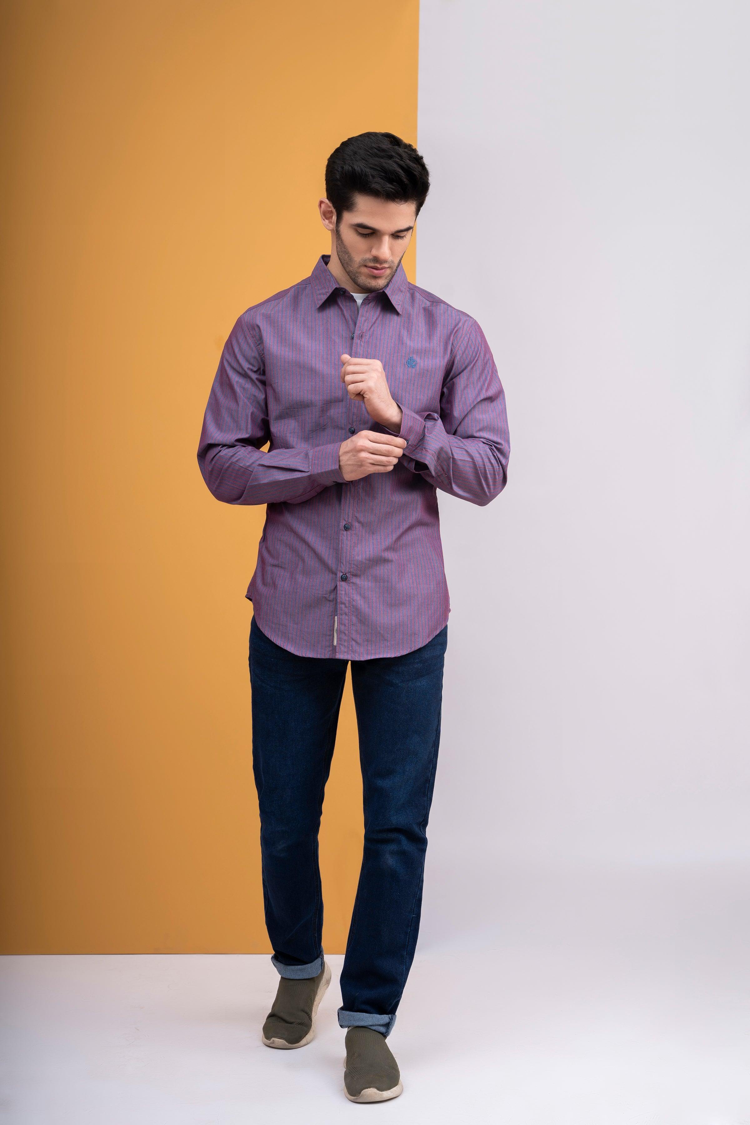 Men's casual button-up shirt, long sleeves, red wine color, button collar