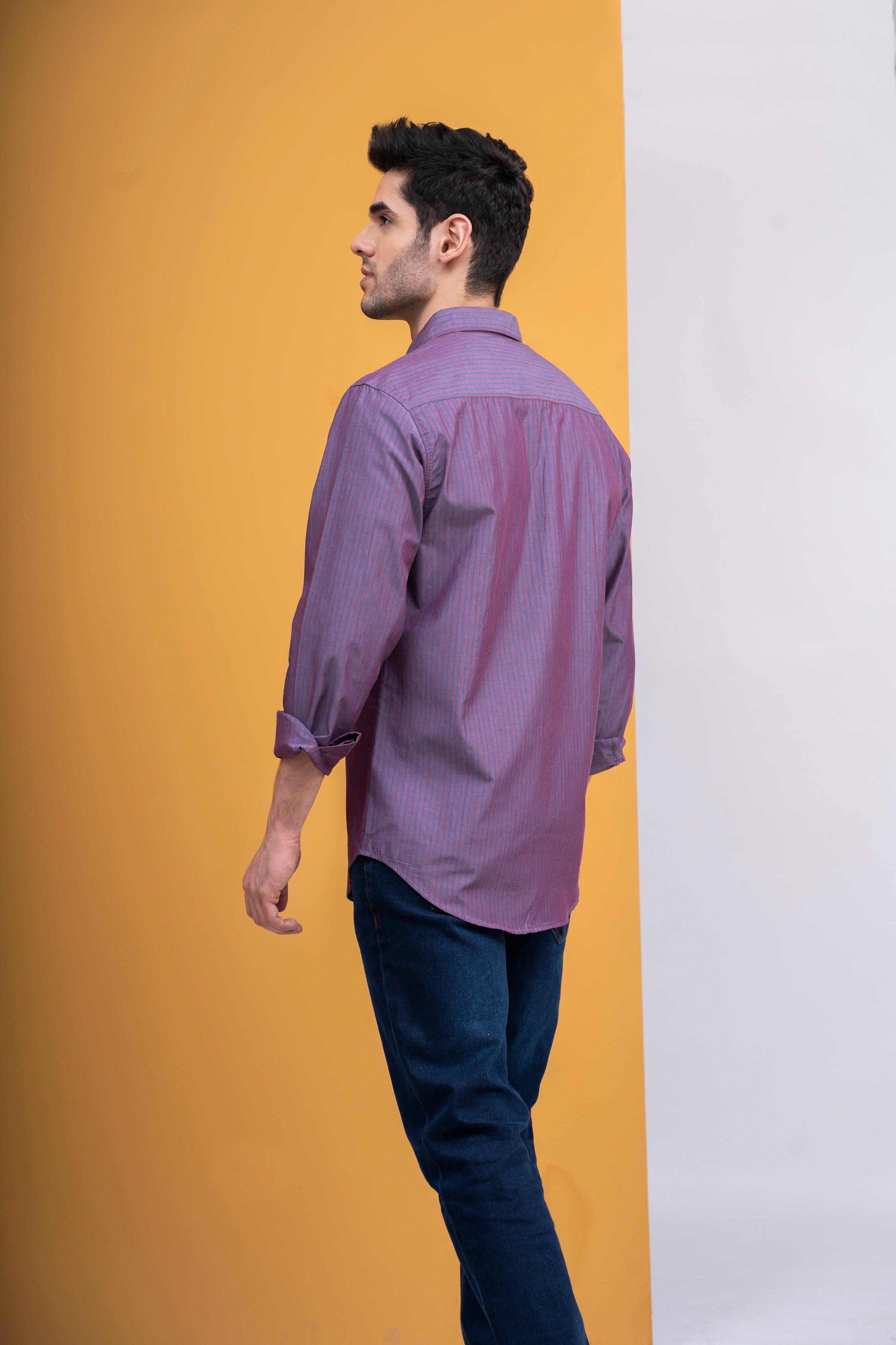 Men's casual shirt, back/side view, long sleeves, red wine, button placket